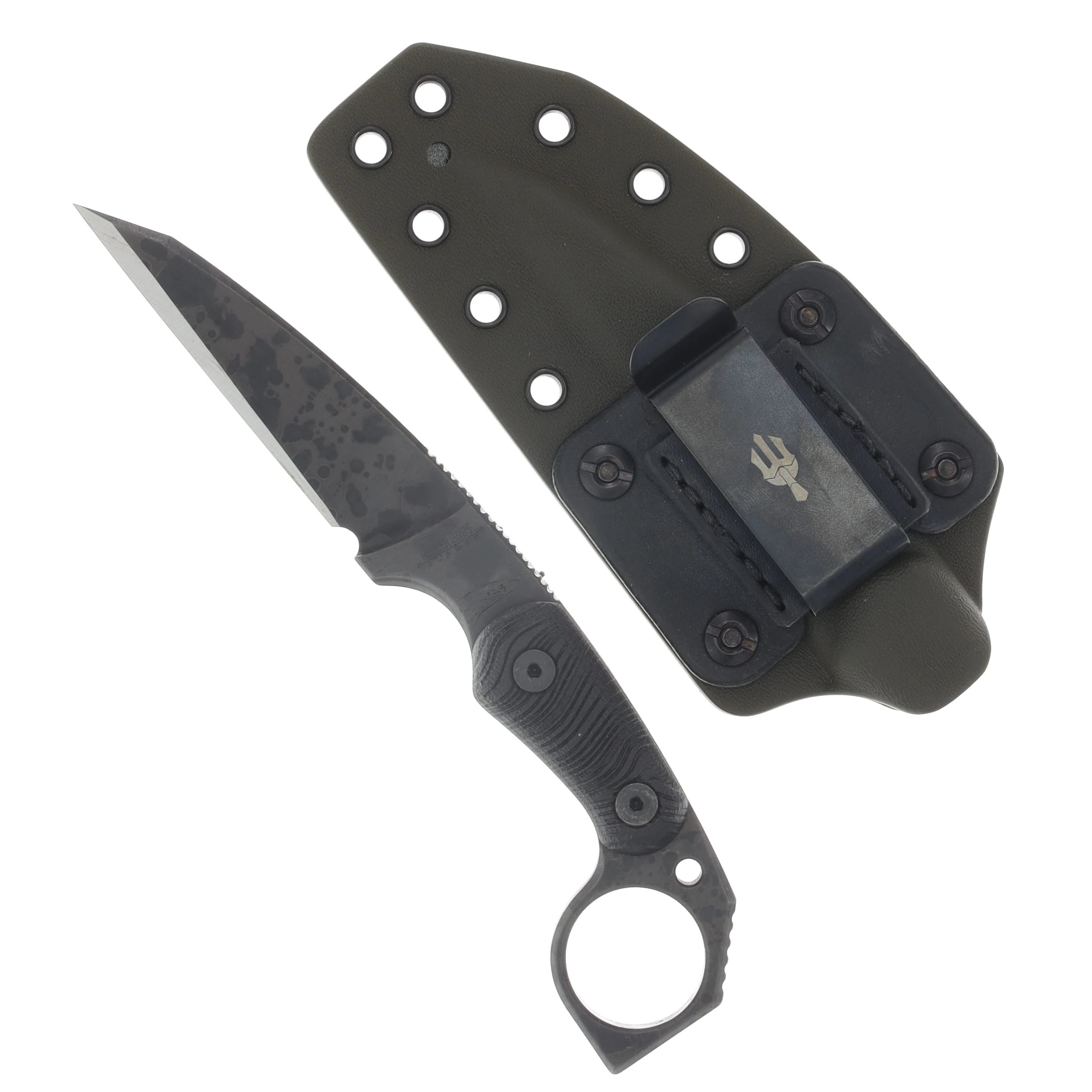 Miller Bros M-5 Fixed Knife Splatter Etch Blade Black Handle OD Green/Black Sheath View 2