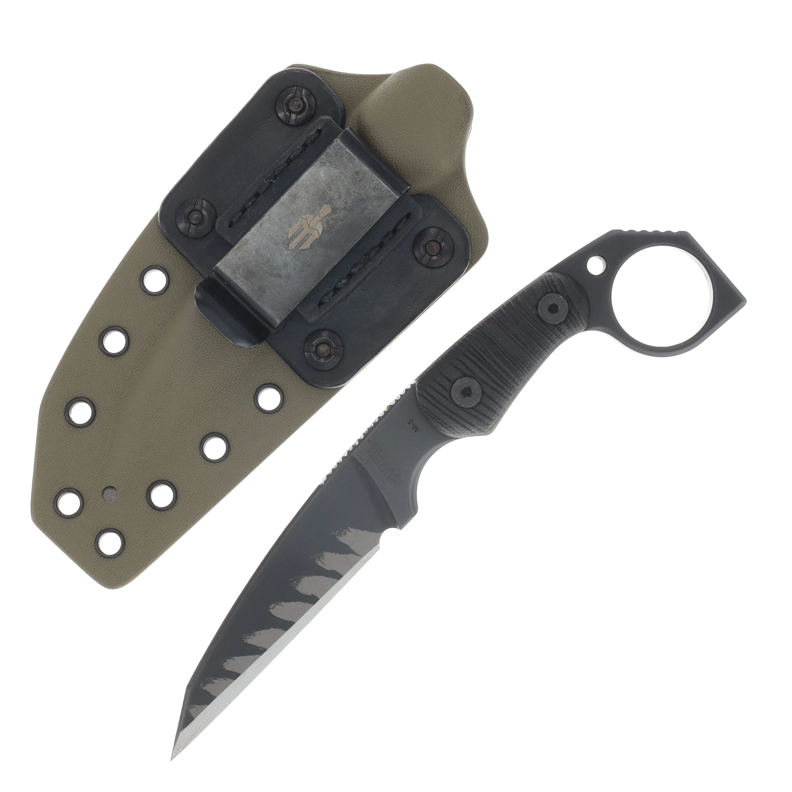 Miller Bros M-5 Fixed Blade Etched Edge Black Handle Tan/Black Sheath View 1