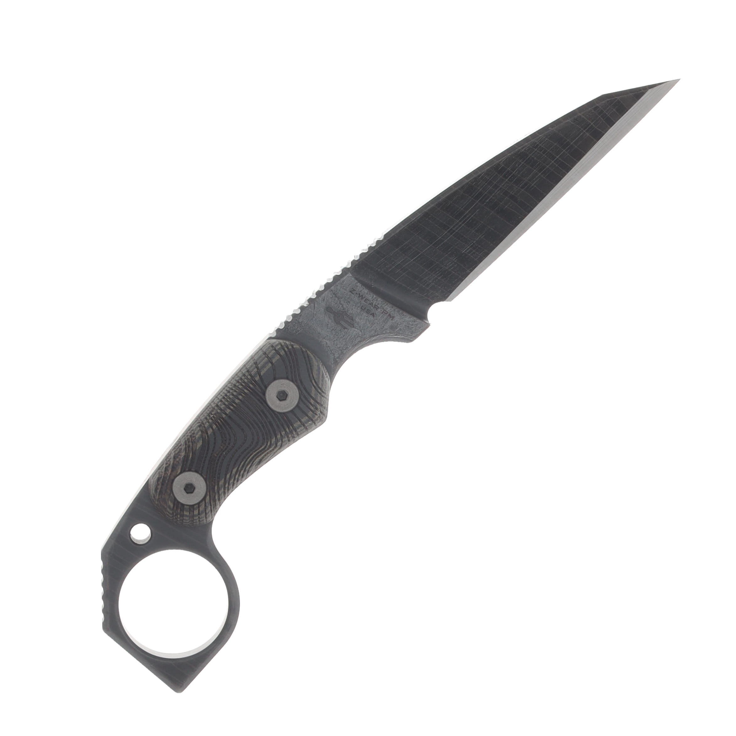 Miller Bros M-5 Fixed Knife Striped Etched Blade Black Handle Tan/Brown Sheath View 4