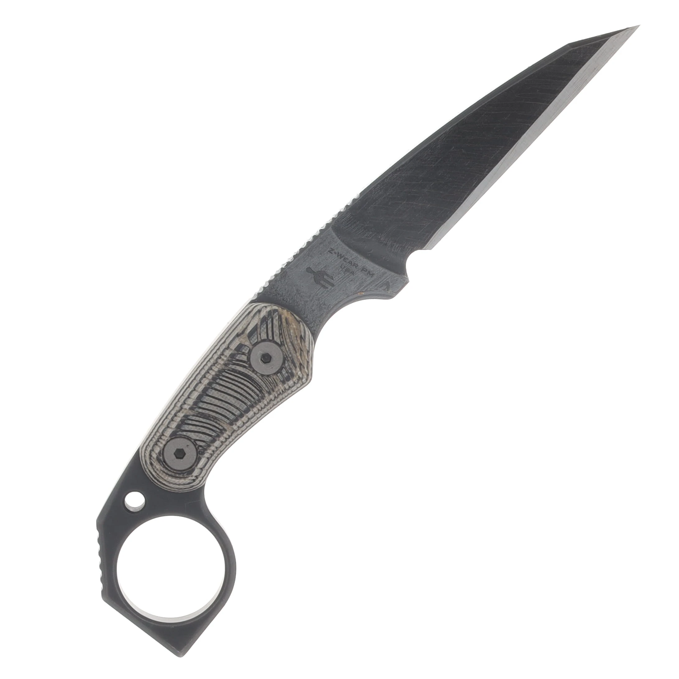 Miller Bros M-5 Fixed Knife Striped Etch Blade Tan Handle Black/Brown Sheath View 4