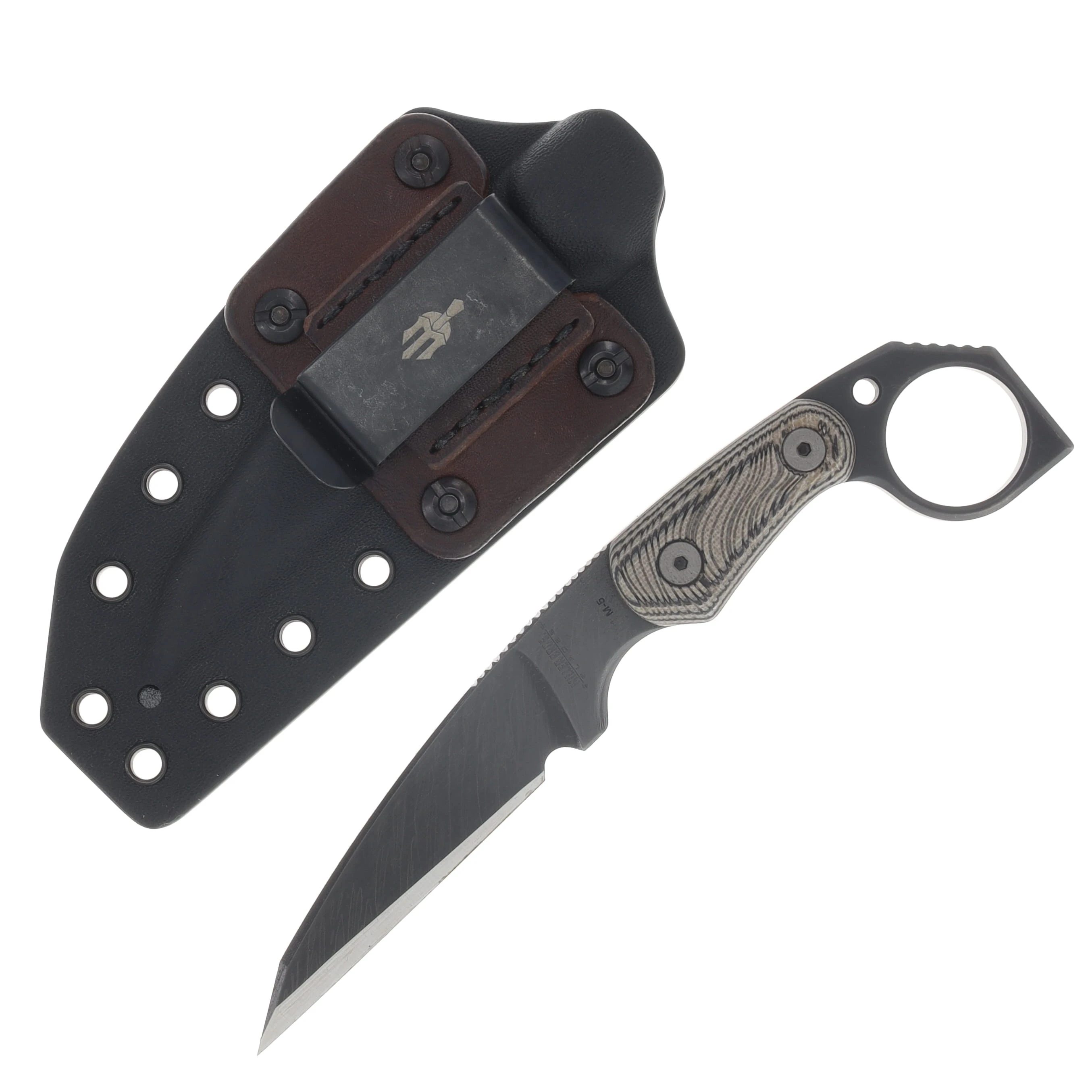 Miller Bros M-5 Fixed Knife Striped Etch Blade Tan Handle Black/Brown Sheath View 1