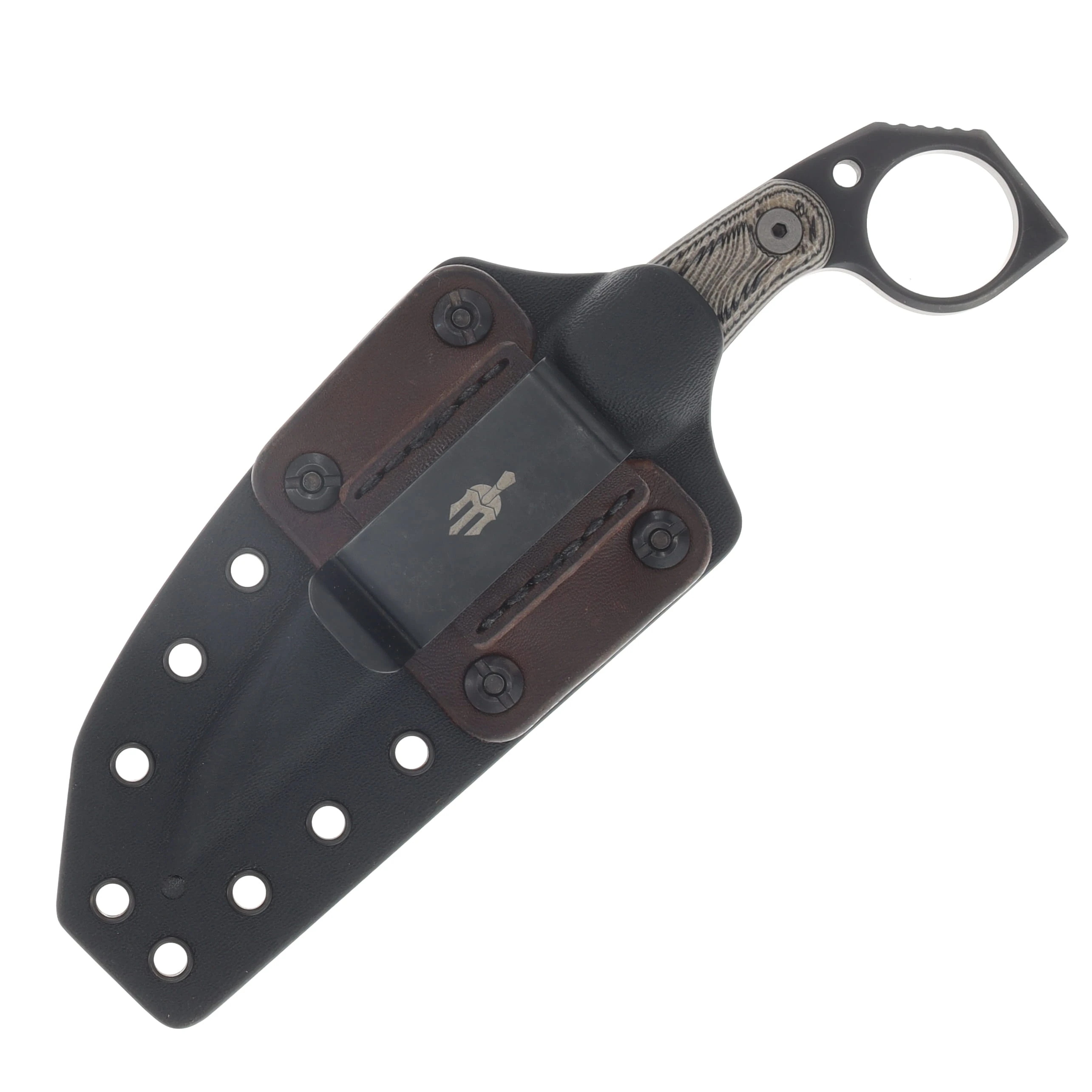 Miller Bros M-5 Fixed Knife Striped Etch Blade Tan Handle Black/Brown Sheath View 5