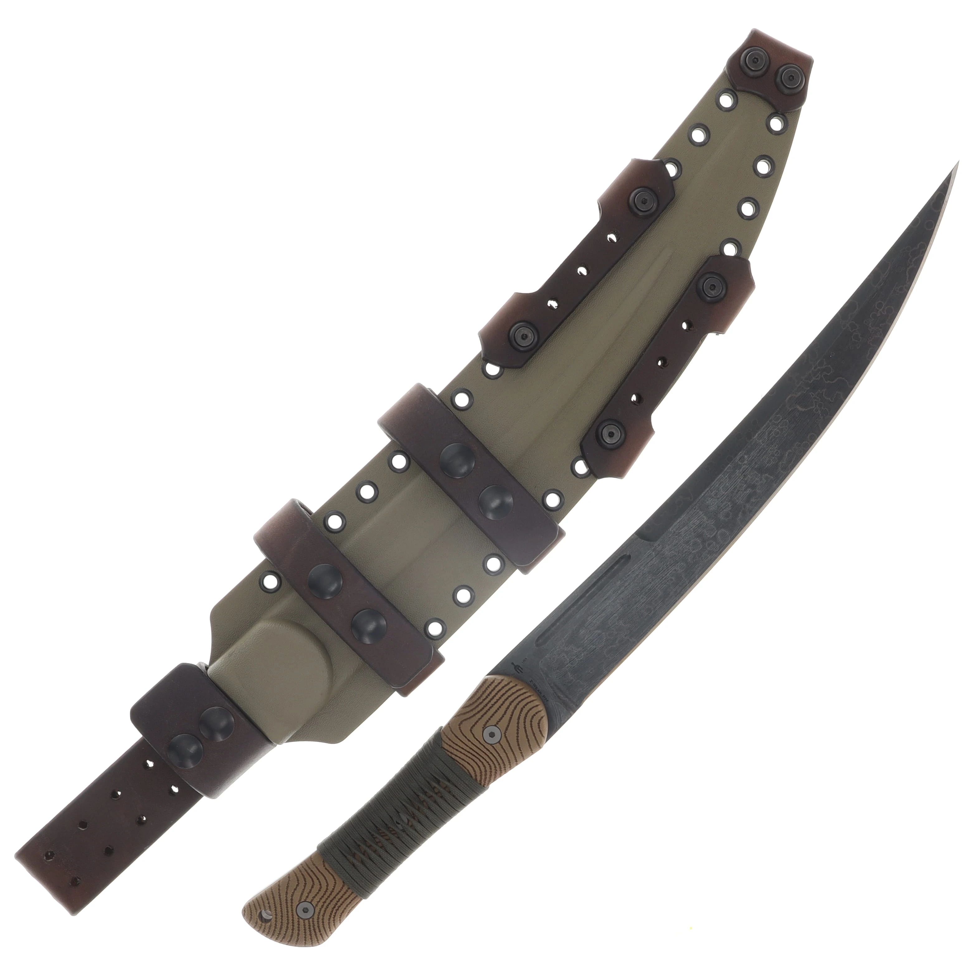 Miller Bros M-34 Short Sword Splatter Etch Blade OD Green Handle Tan Paracord Tan/Brown Sheath M-34SPLTNBNSODHTNP View 2