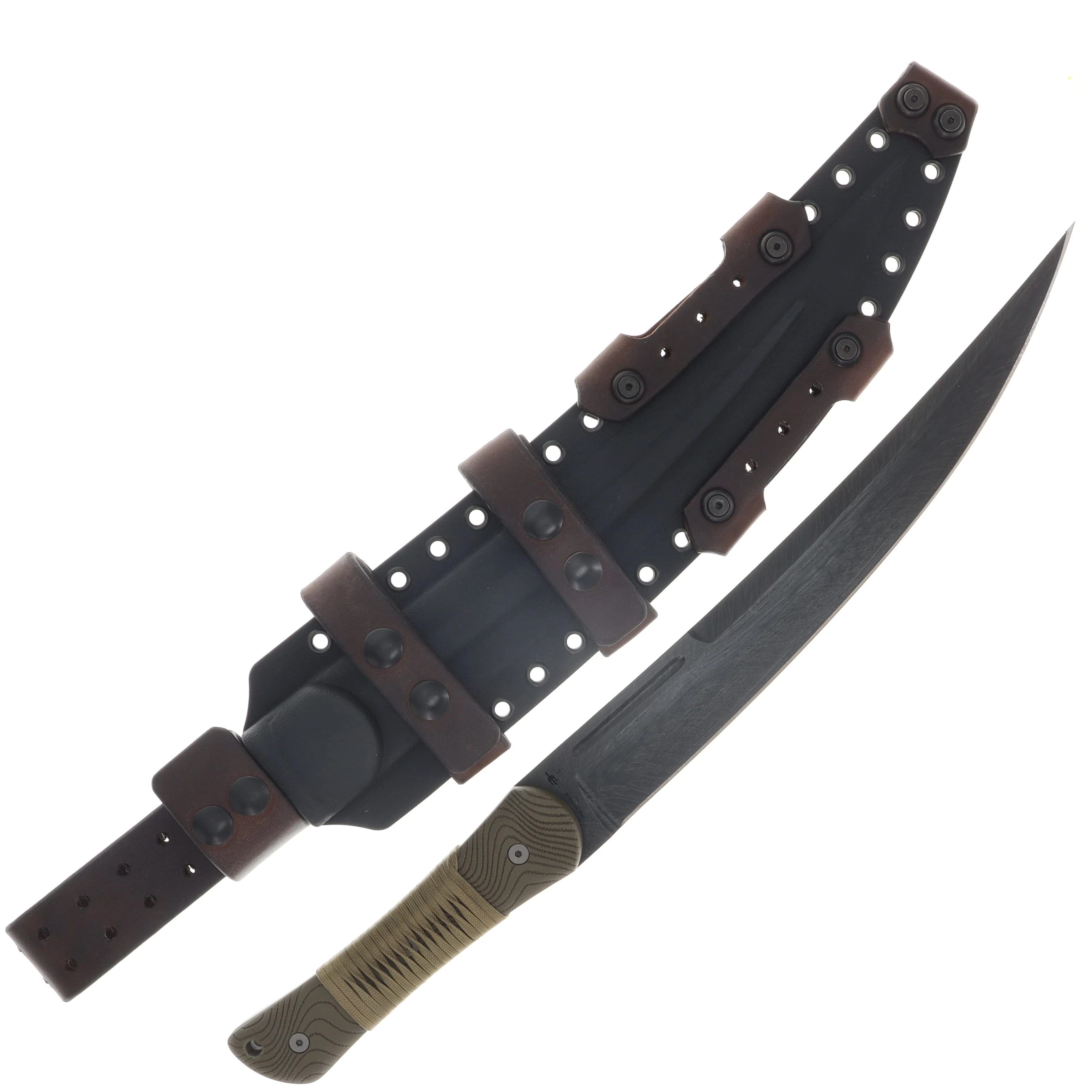 Miller Bros M-34 Short Sword Feather Etch Blade OD Green Handle Tan Paracord Black/Brown Sheath M-34FEABKBNSODHTNP View 2