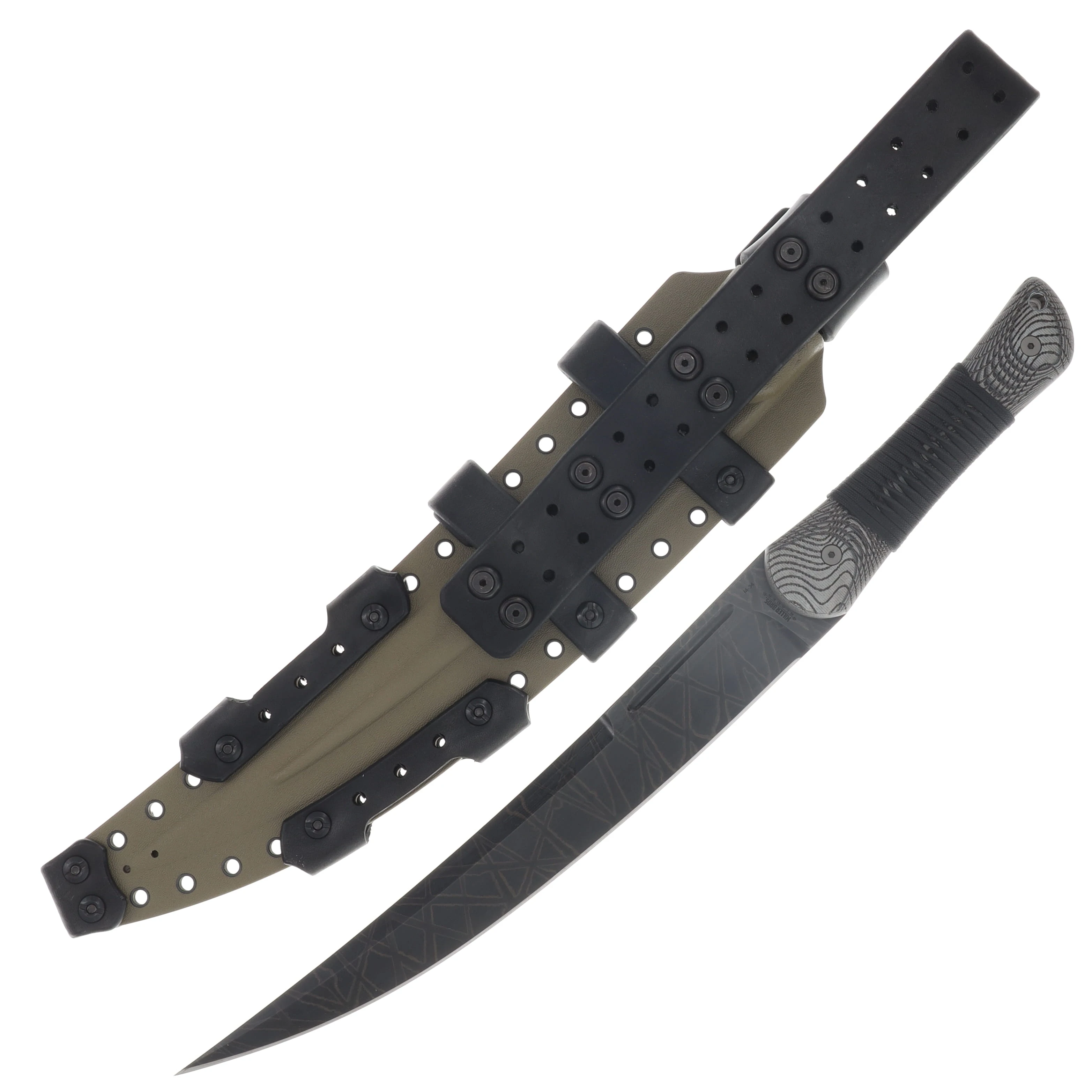Miller Bros M-34 Short Sword Criss Cross Pattern Etch Tan/Black Handle Black Paracord Tan/Black Sheath M-34CRSTNBKSNBKHBKP View 1