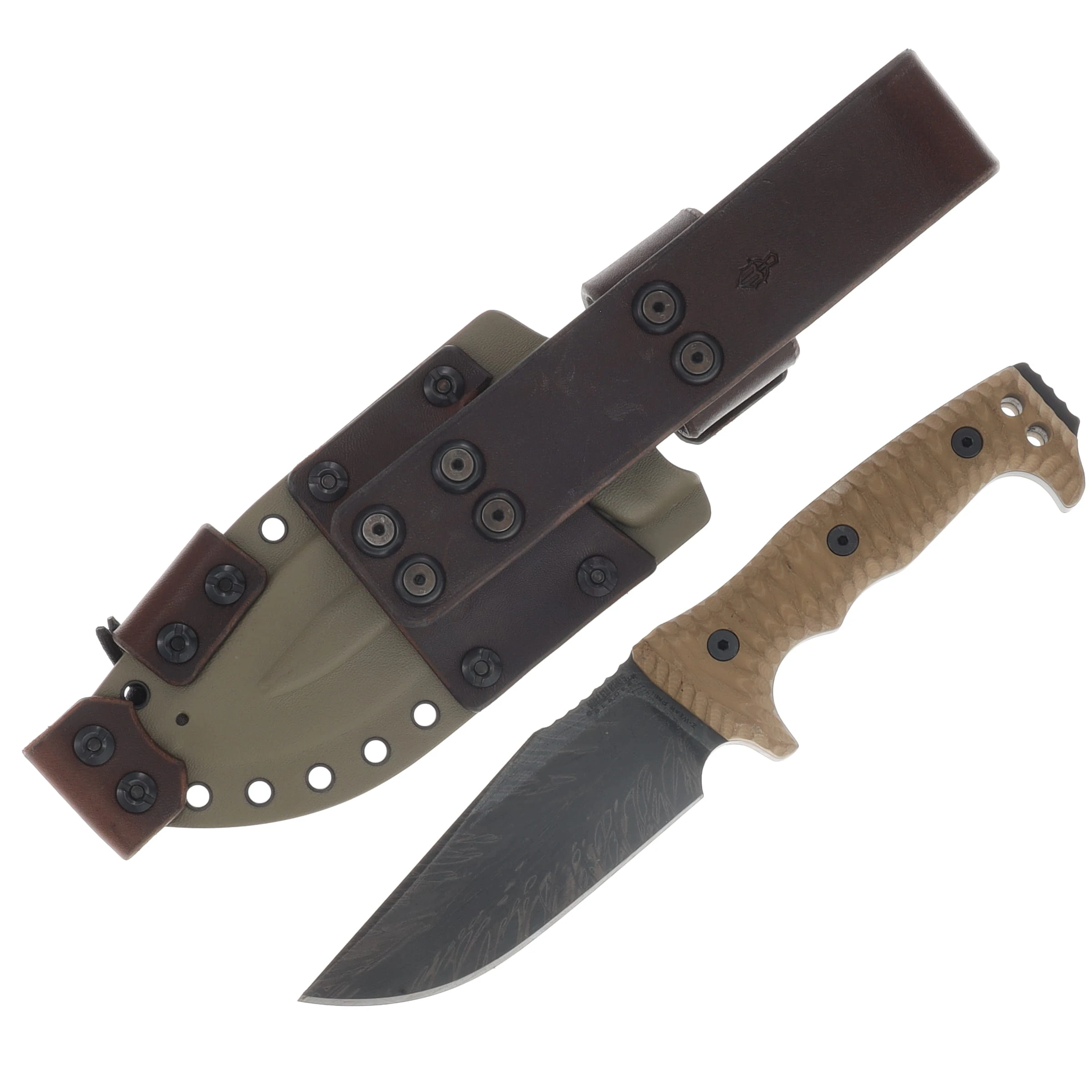 Miller Bros M-8 Fixed Knife Feather Etched Blade Tan Handle Tan/Brown Sheath M-8FEATNBNSTNH View 1
