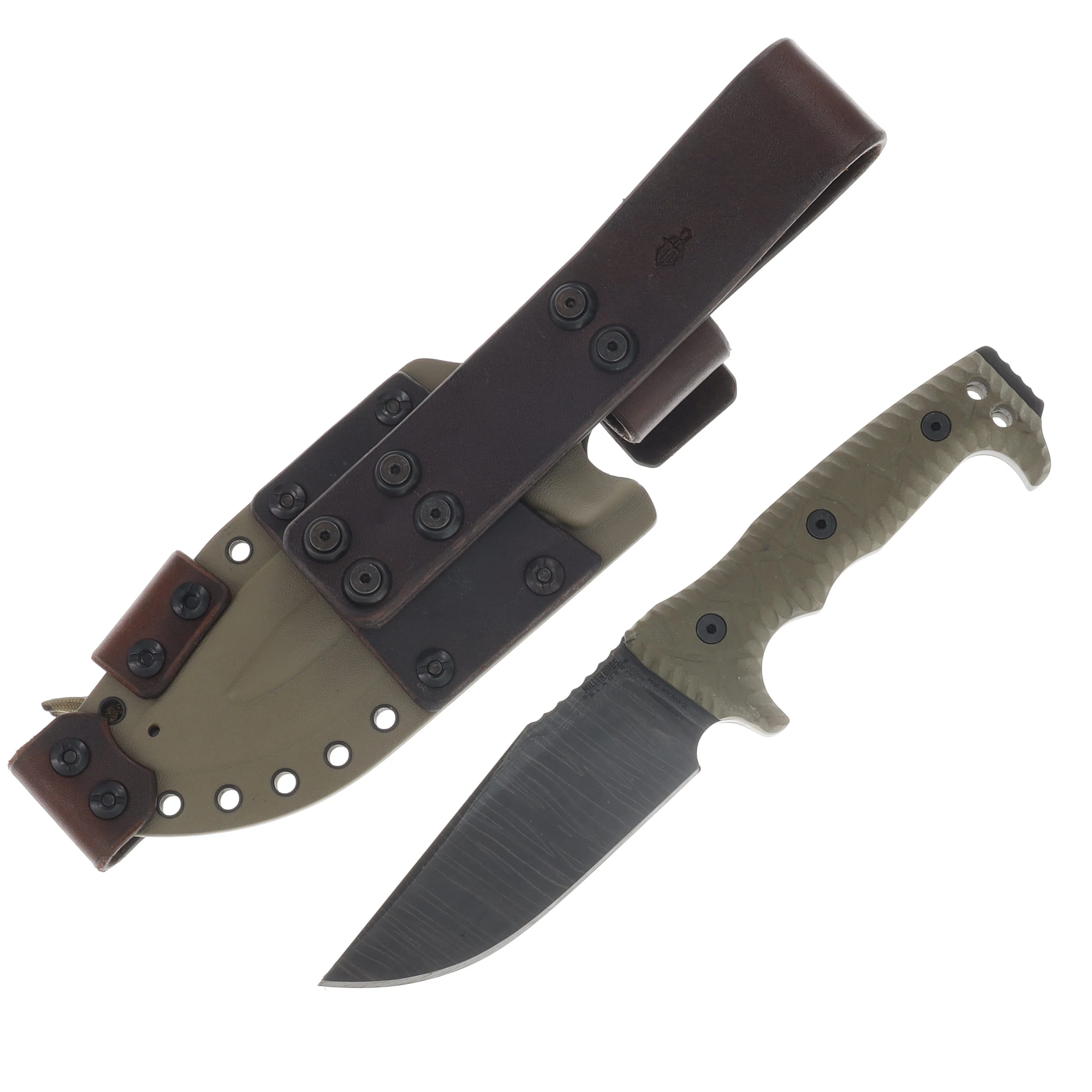 Miller Bros M-8 Fixed Knife Striped Etched Blade OD Green Textured Handle OD Green/Brown Sheath M-8STRODBNSODTH View 1