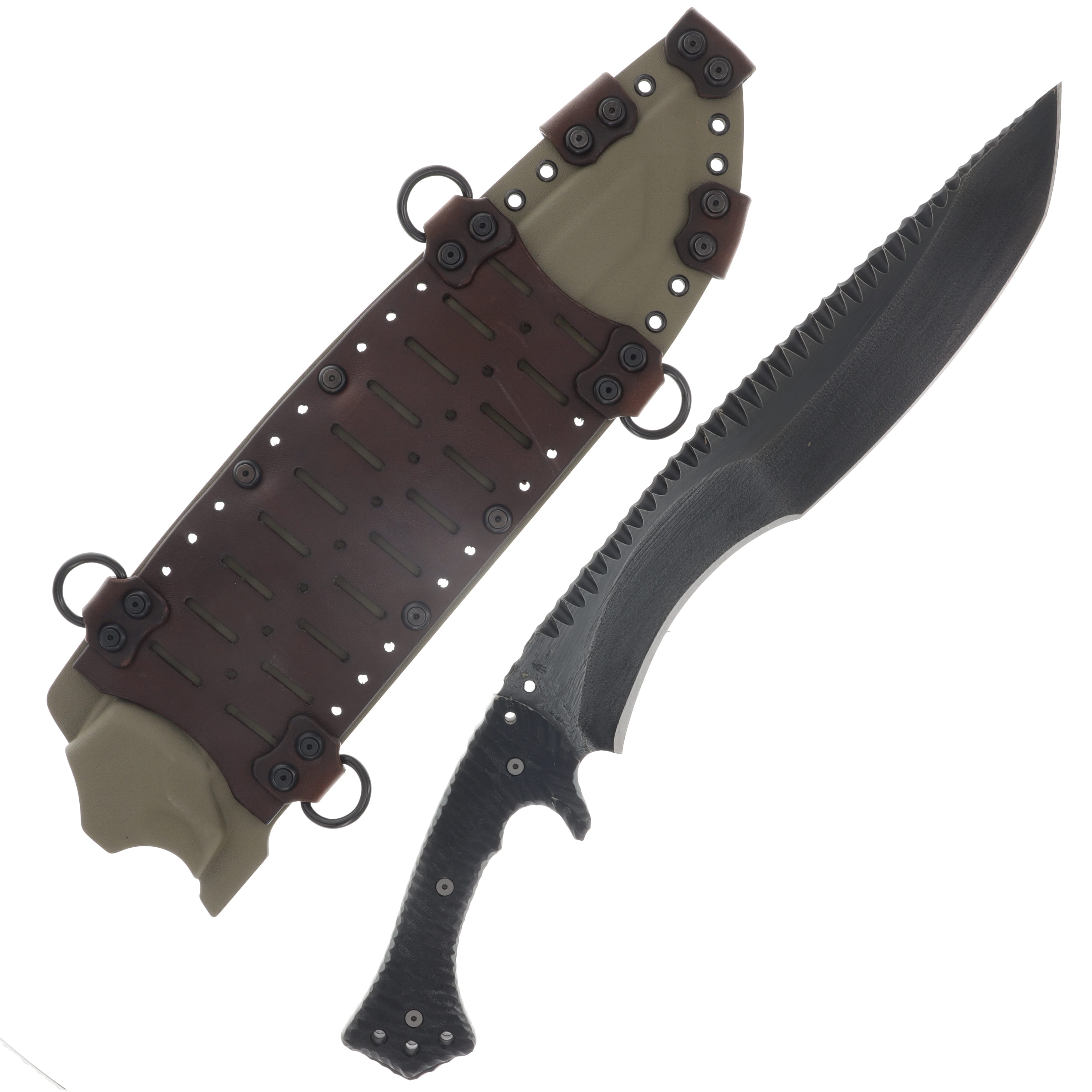 Miller Bros M-19 Fixed Knife Black Blade Black Handle OD Green/Brown Sheath M-19ODBNSBKHBKB View 2