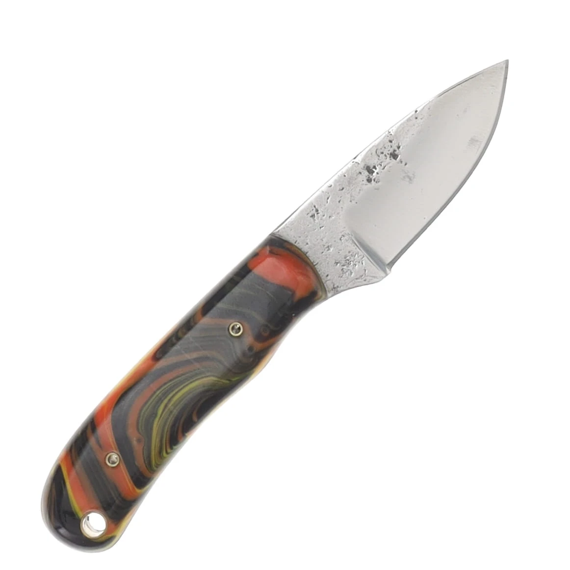 Herron Knives Fixed Blade Neck Knife L6 Carbon Steel/Yellow, Black, and Orange Mica Pearl Resin HK47 View 3