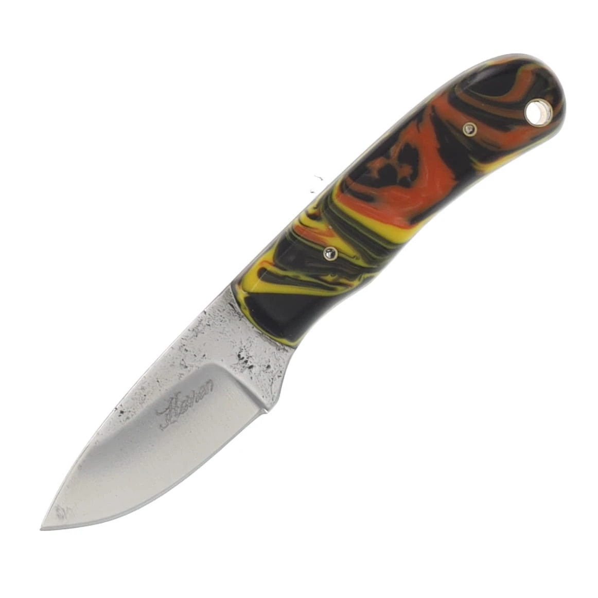 Herron Knives Fixed Blade Neck Knife L6 Carbon Steel/Yellow, Black, and Orange Mica Pearl Resin HK47 View 4