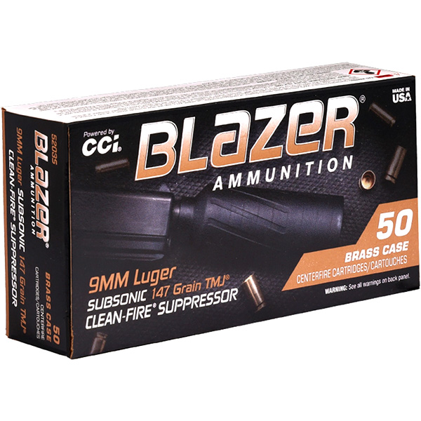 CCI Blazer Subsonic Clean Fire Suppressor 9mm Luger Handgun Ammunition 50 Rounds Brass Centerfire 147 Grain TMJ 5203S View 1