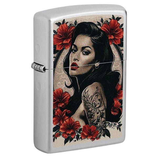 Zippo Floral Tattoo Woman Satin Chrome Lighter ZP47265 View 1