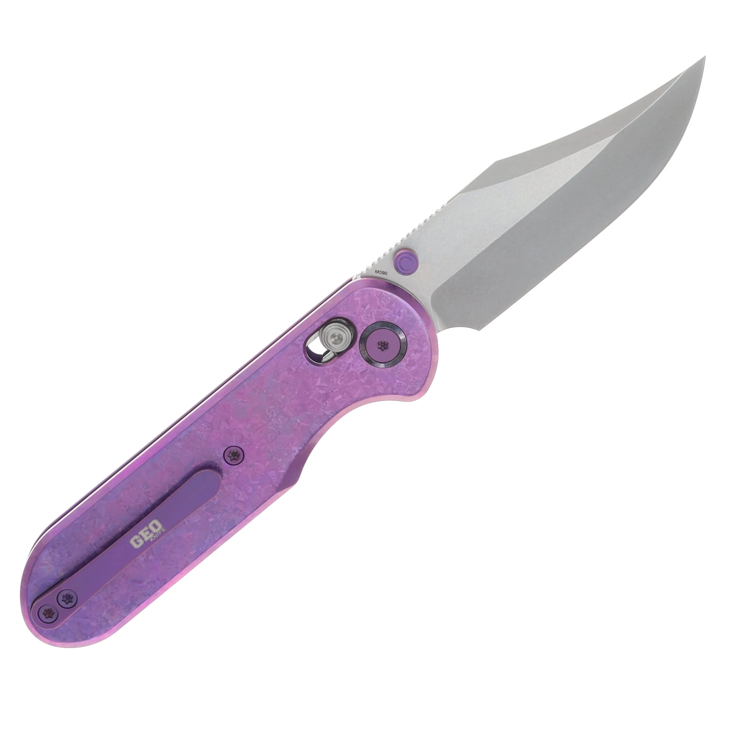 GEO Knife Ethereal Cutter Folding Knife SW M390 Blade Purple Crystallized TI Handle GEO2401N View 2