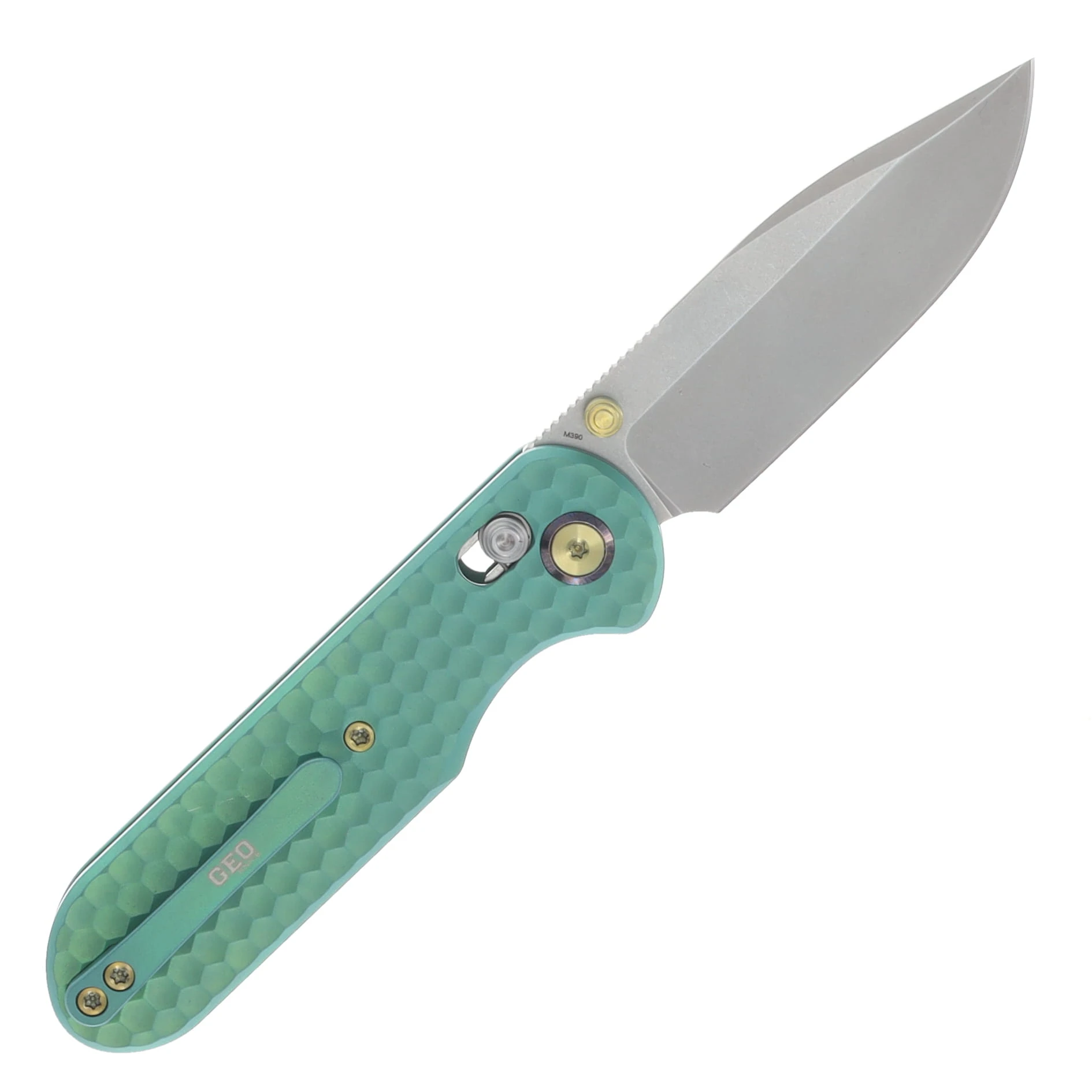 GEO Knife Ethereal Cutter Folding Knife SW M390 Blade SW Green Titanium Handle GEO2402H View 2