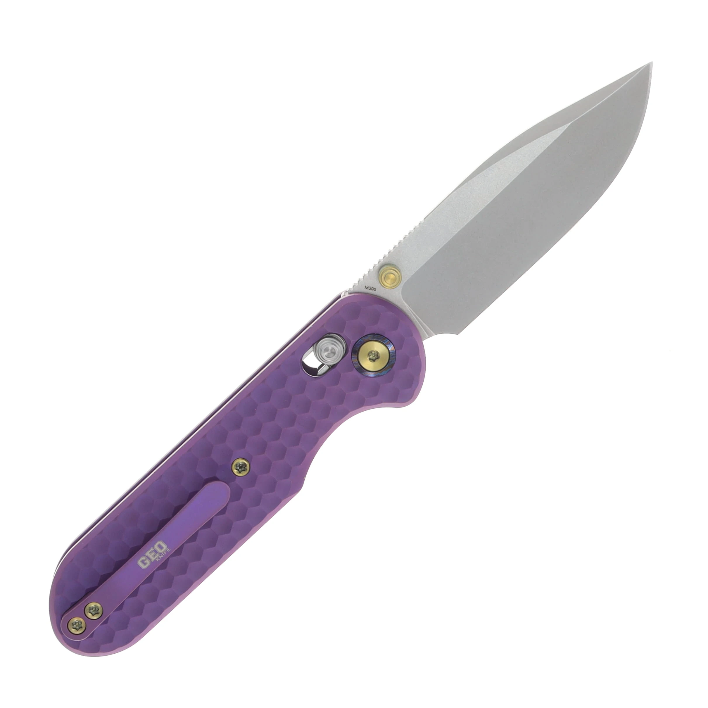 GEO Knife Ethereal Cutter Folding Knife SW M390 Blade SW Purple Titanium Handle GEO2402I View 2