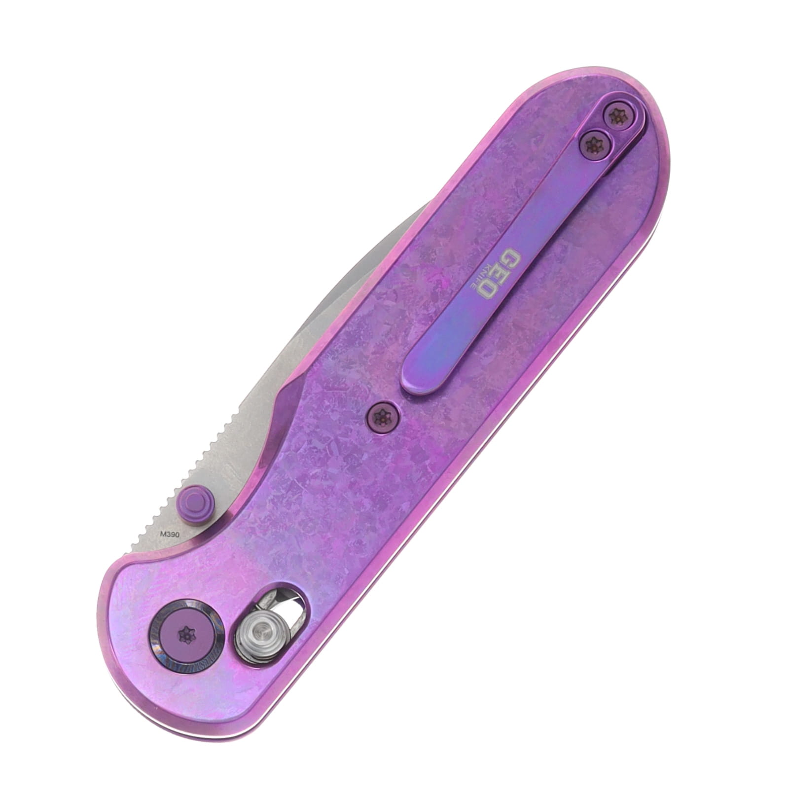 GEO Knife Ethereal Cutter Folding Knife SW M390 Blade Purple Crystallized TI Handle GEO2402R View 4