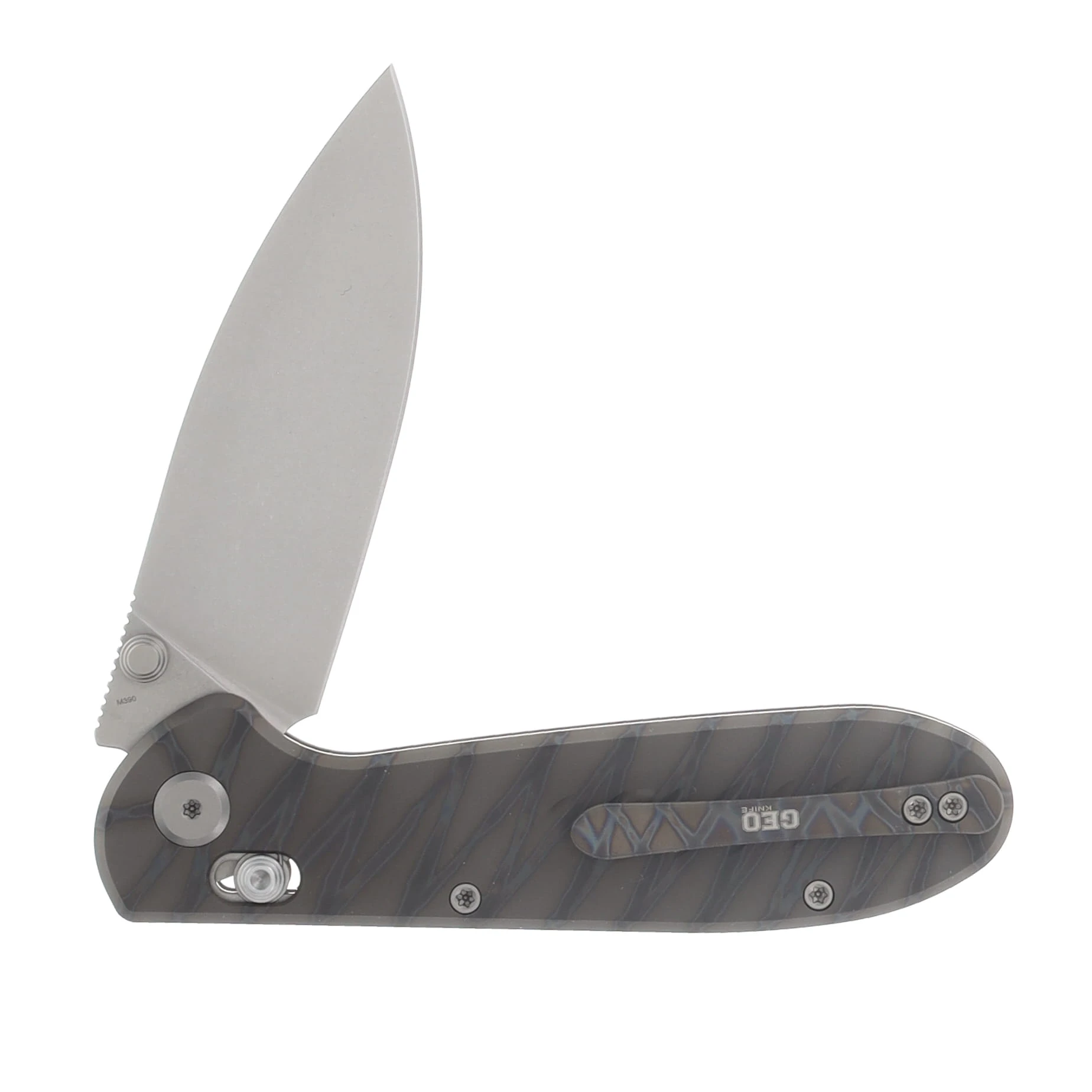 GEO Knife Frost Crossbar Folding Knife SW M390 Blade Tiger Stripe Pattern Flamed TI Handle GEO2501C View 4