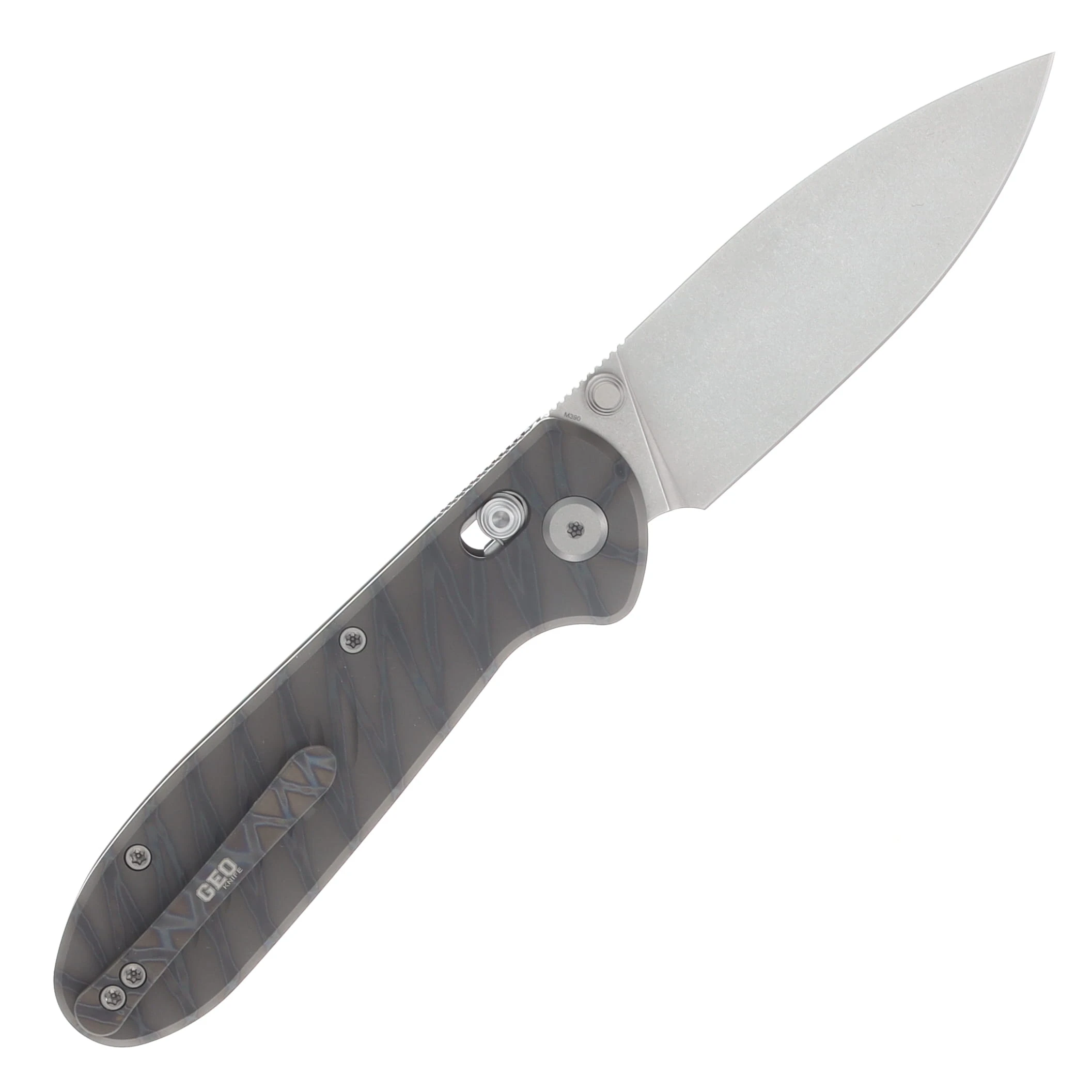 GEO Knife Frost Crossbar Folding Knife SW M390 Blade Tiger Stripe Pattern Flamed TI Handle GEO2501C View 2