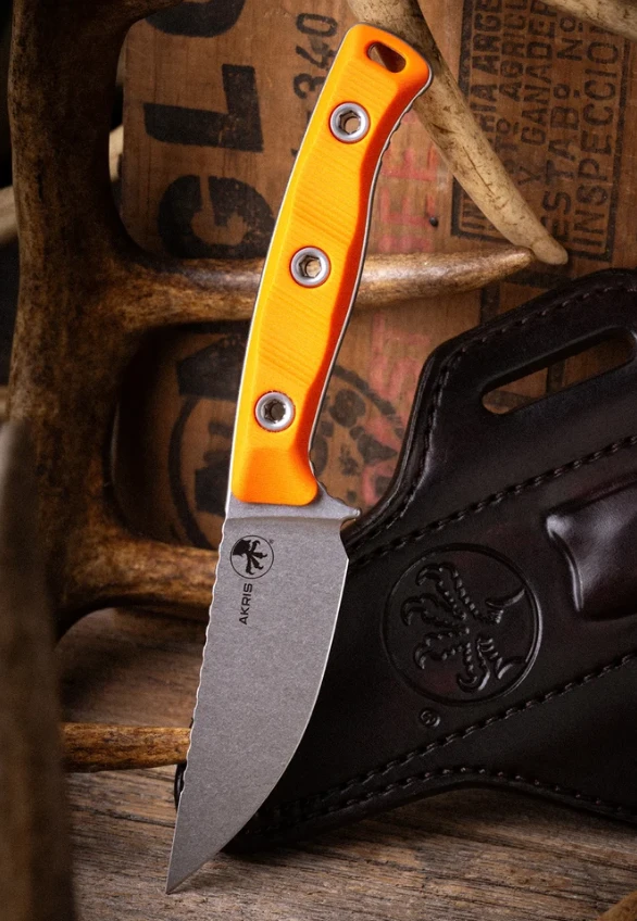 Microtech Akris Fixed Blade Stonewash S/E Ember G-10 with Leather Sheath MT9510EM4 View 10