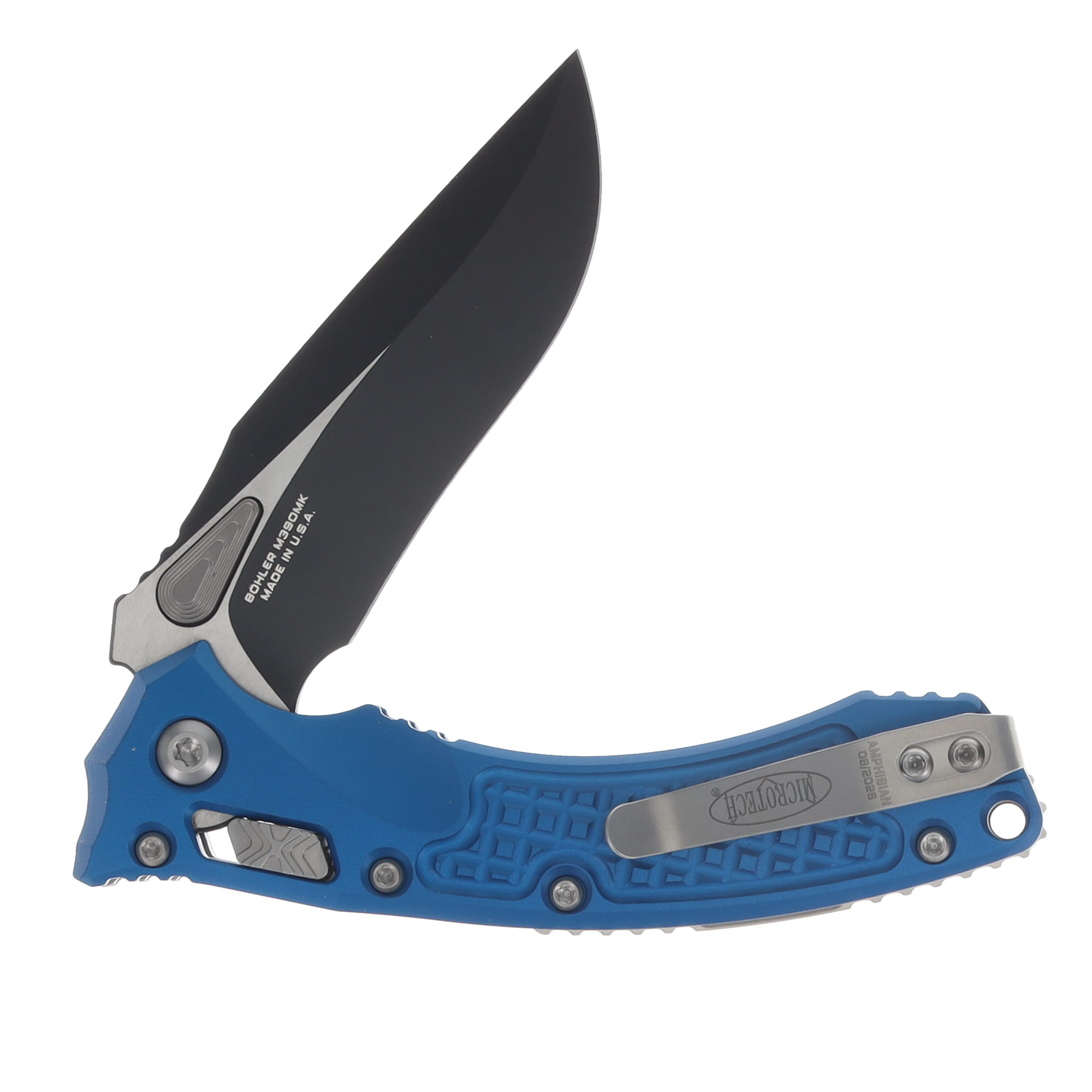 Microtech Amphibian Mini RAM-LOK Folding Knife Black S/E Frag Blue MT137MRL1FRBL View 4