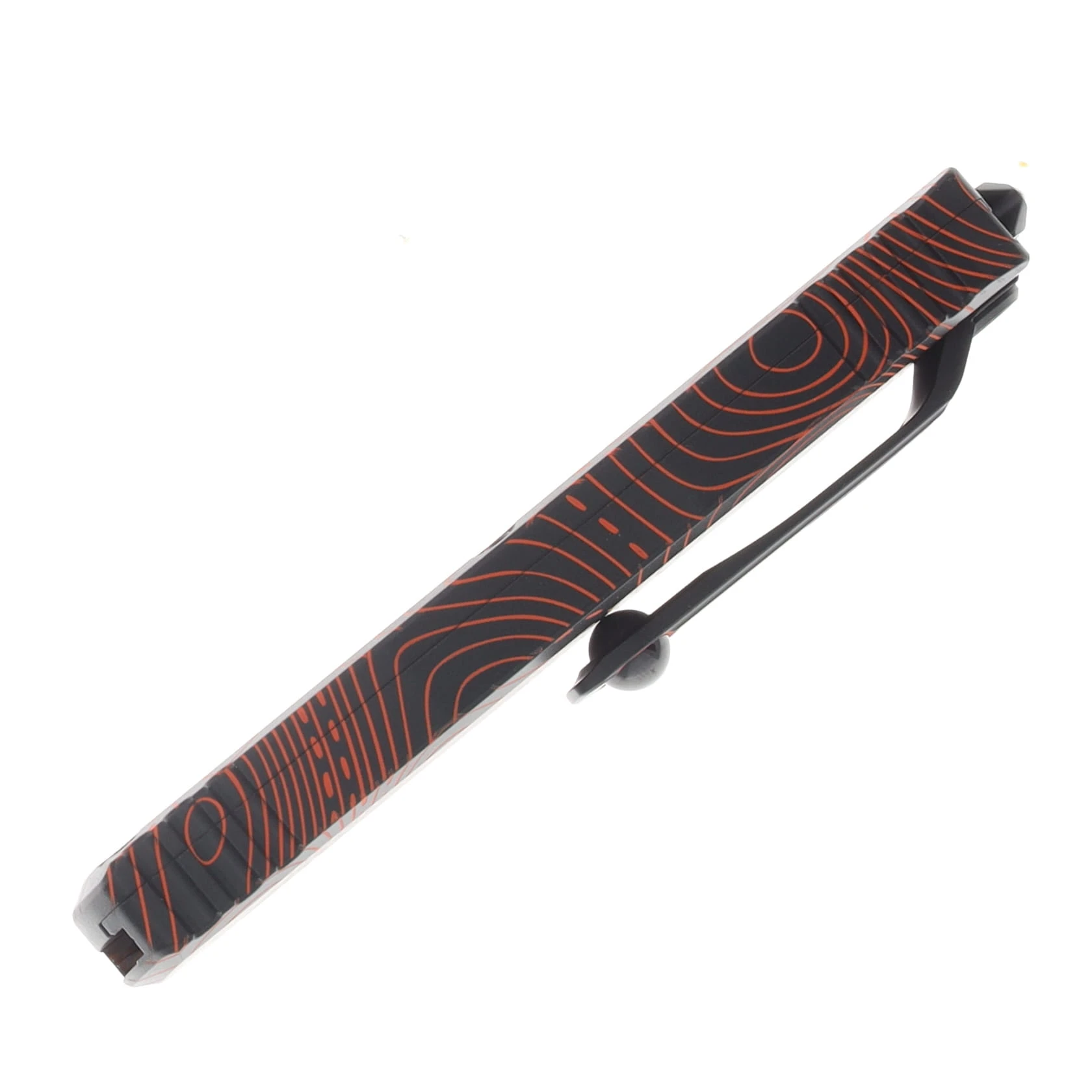 Microtech UTX-85 Gen IV Signature Series OTF Automatic Serrated Topographic Orange and Black D/E AUMT123243TPBKORCS View 5