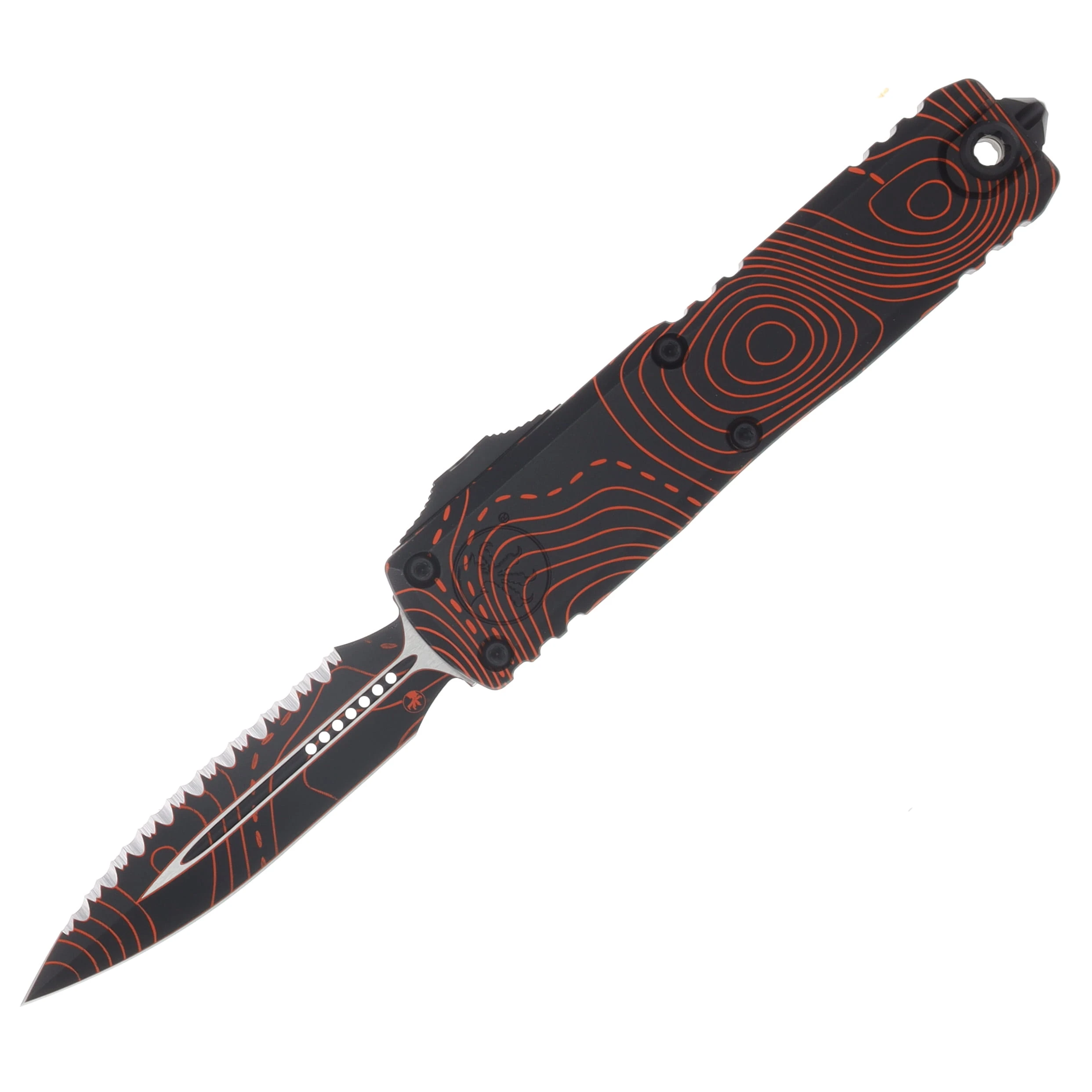 Microtech UTX-85 Gen IV Signature Series OTF Automatic Serrated Topographic Orange and Black D/E AUMT123243TPBKORCS View 1