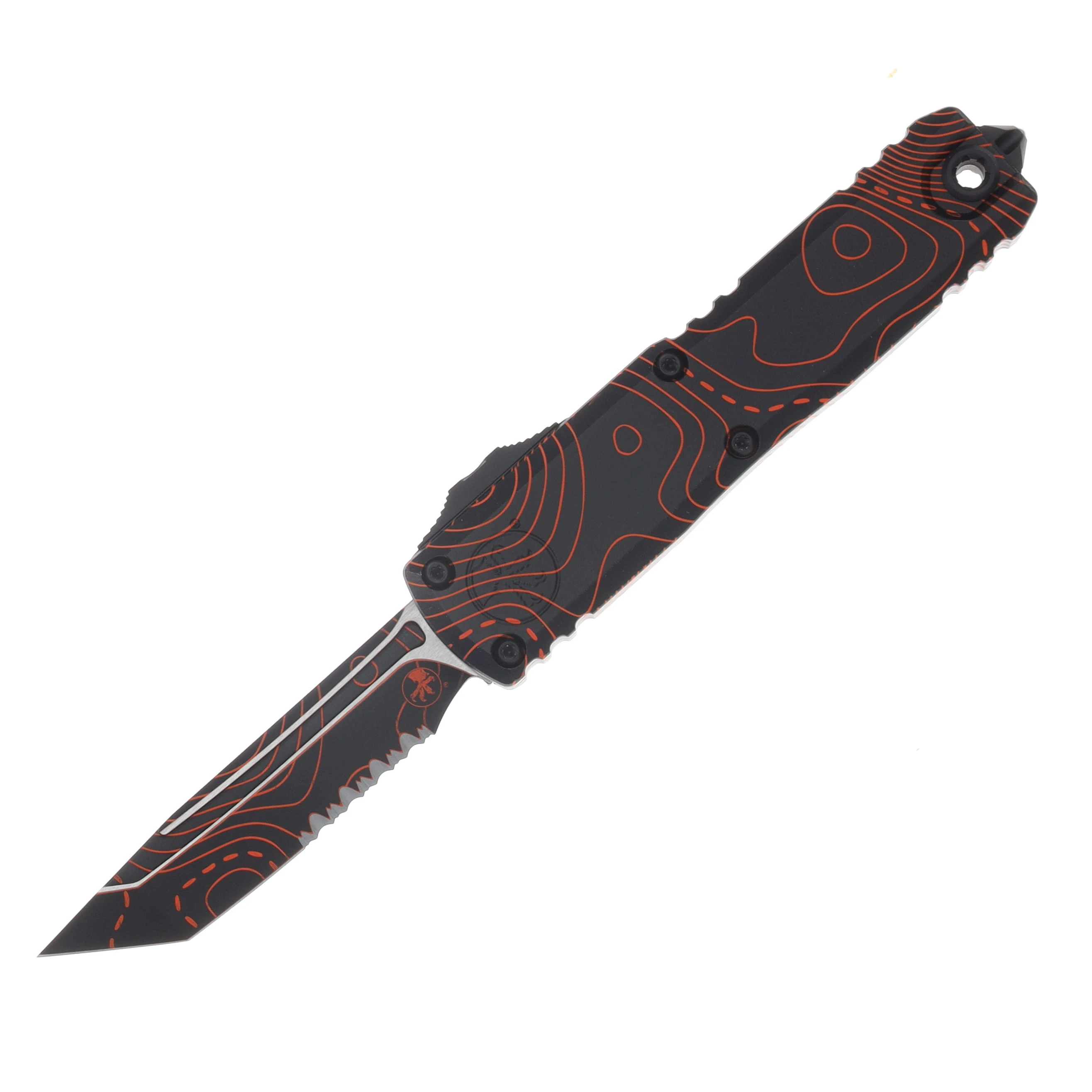 Microtech UTX-85 Gen IV Signature Series OTF Automatic Partially Serrated Topographic Orange and Black T/E AUMT123342TPBKORCS View 1