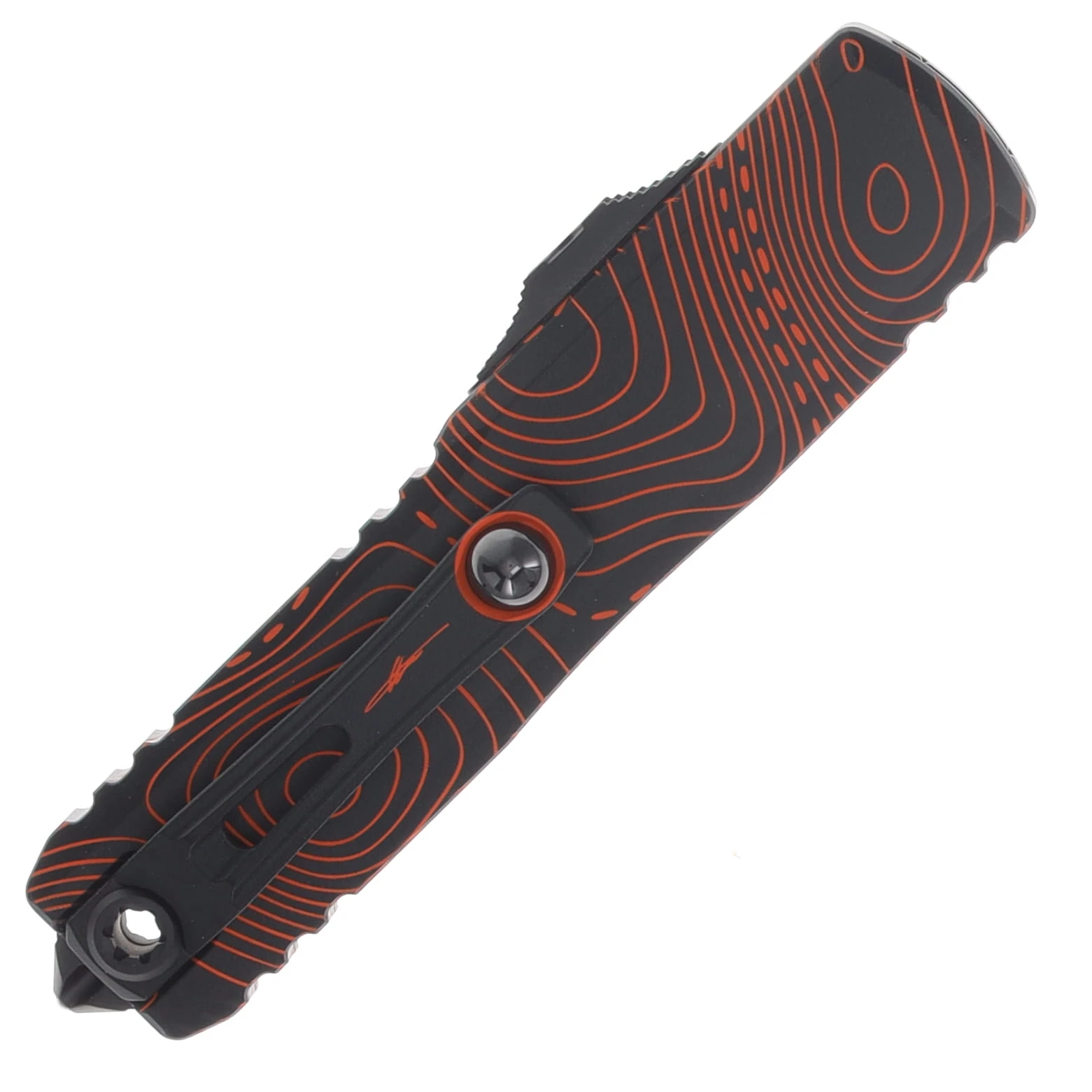 Microtech UTX-85 Gen IV Signature Series OTF Automatic Partially Serrated Topographic Orange and Black T/E AUMT123342TPBKORCS View 4