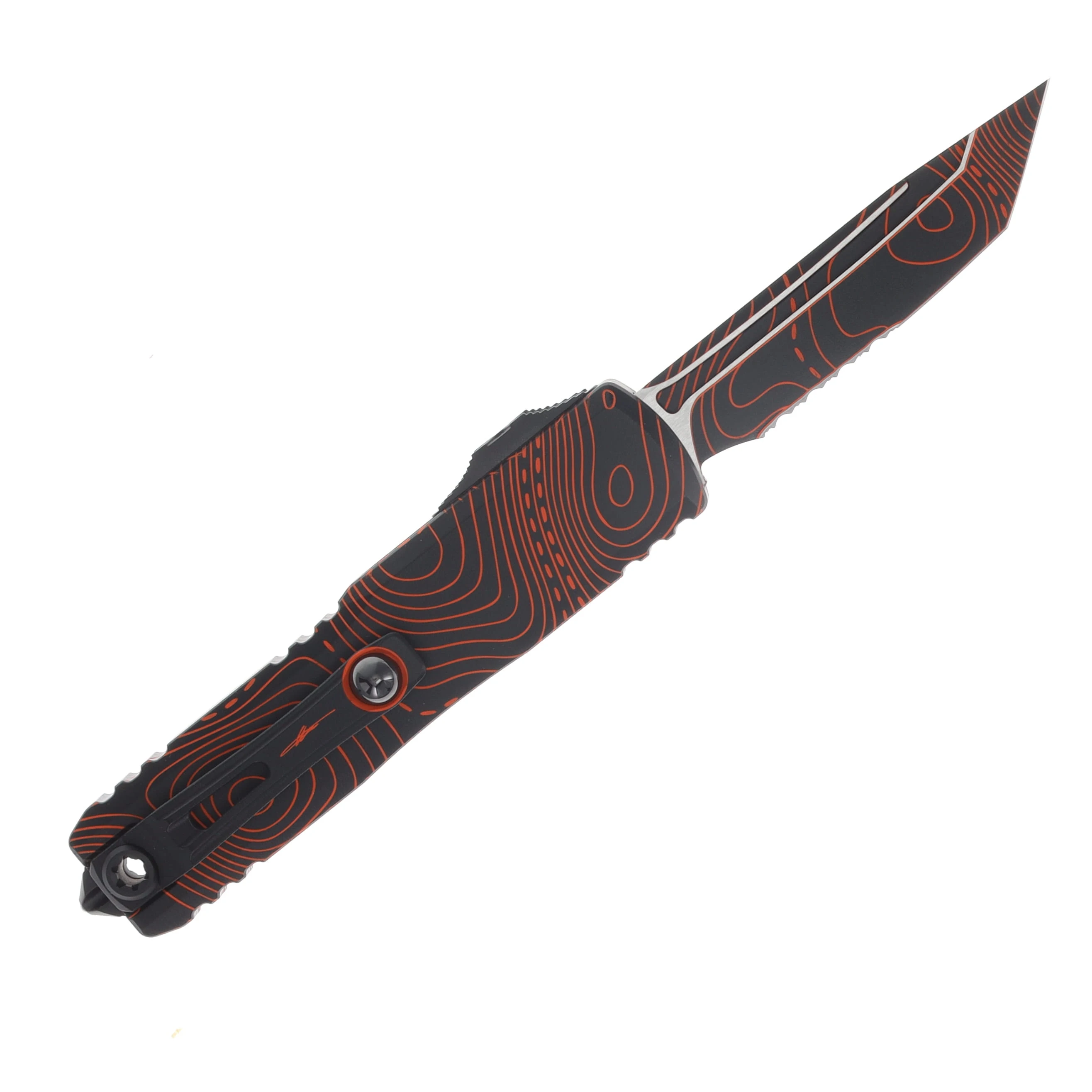 Microtech UTX-85 Gen IV Signature Series OTF Automatic Partially Serrated Topographic Orange and Black T/E AUMT123342TPBKORCS View 2