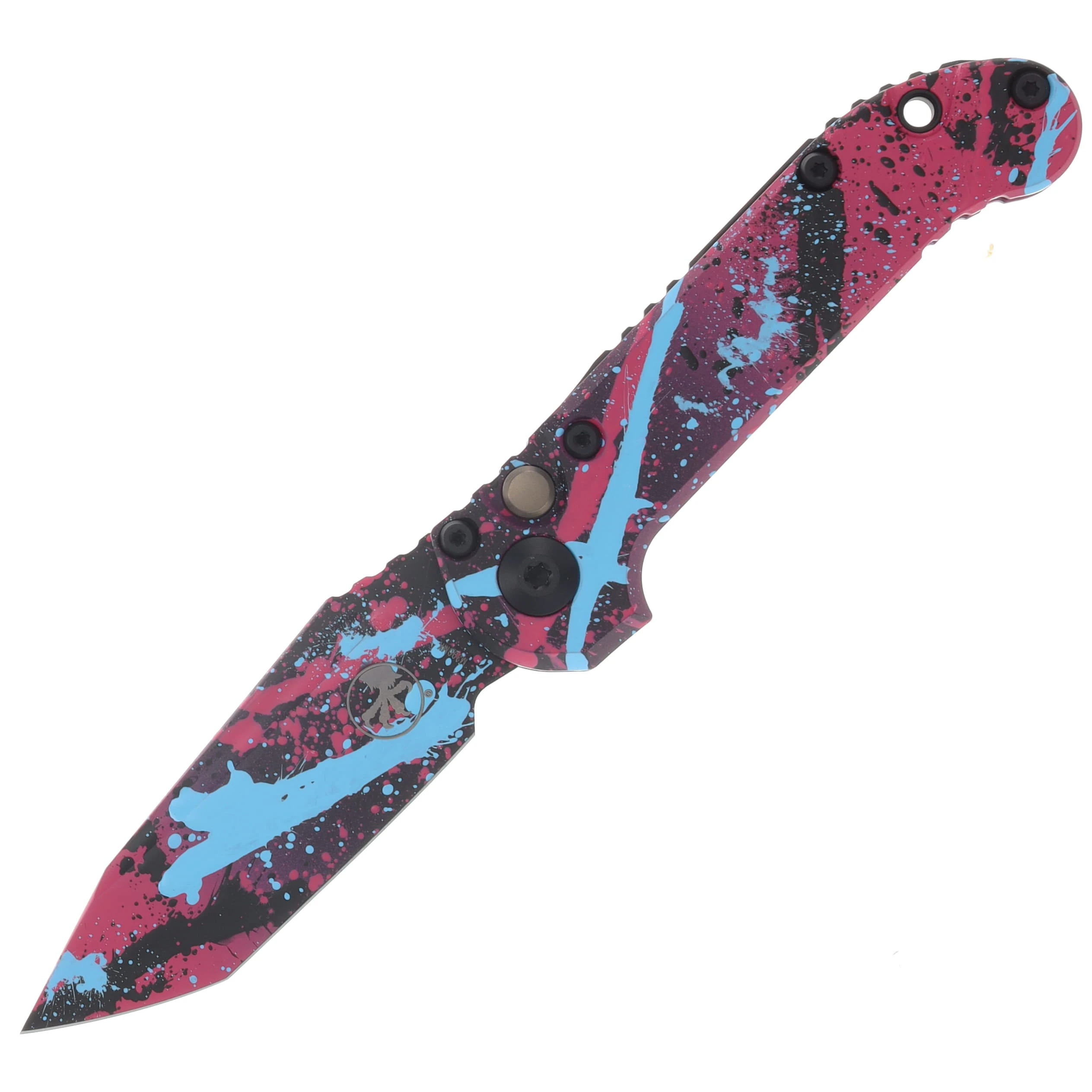 Microtech LUDT Gen III Signature Series Automatic Knife T/E Pink Blue and Black Splatter AUMT1136S1BKPKLBSPLS View 1