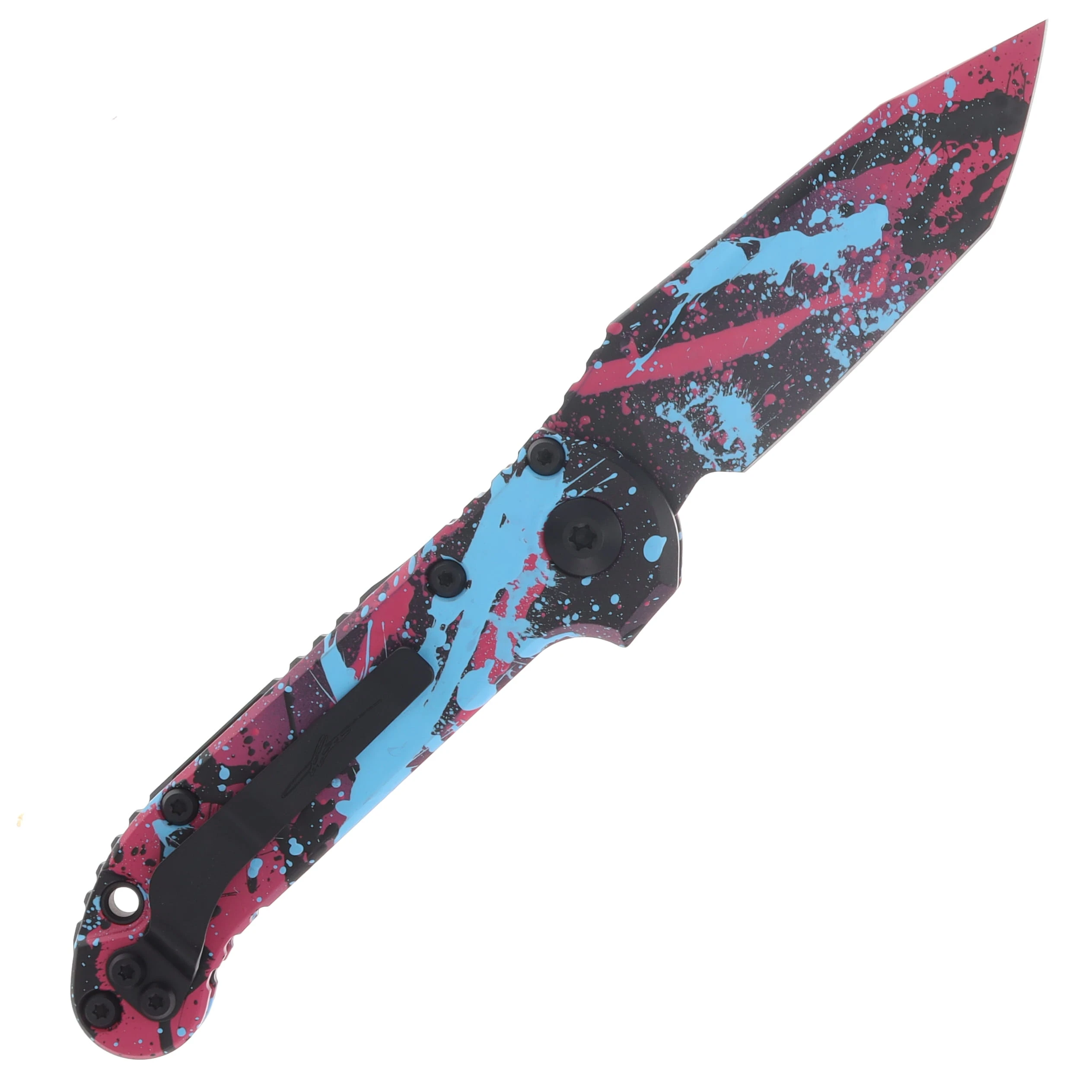Microtech LUDT Gen III Signature Series Automatic Knife T/E Pink Blue and Black Splatter AUMT1136S1BKPKLBSPLS View 2
