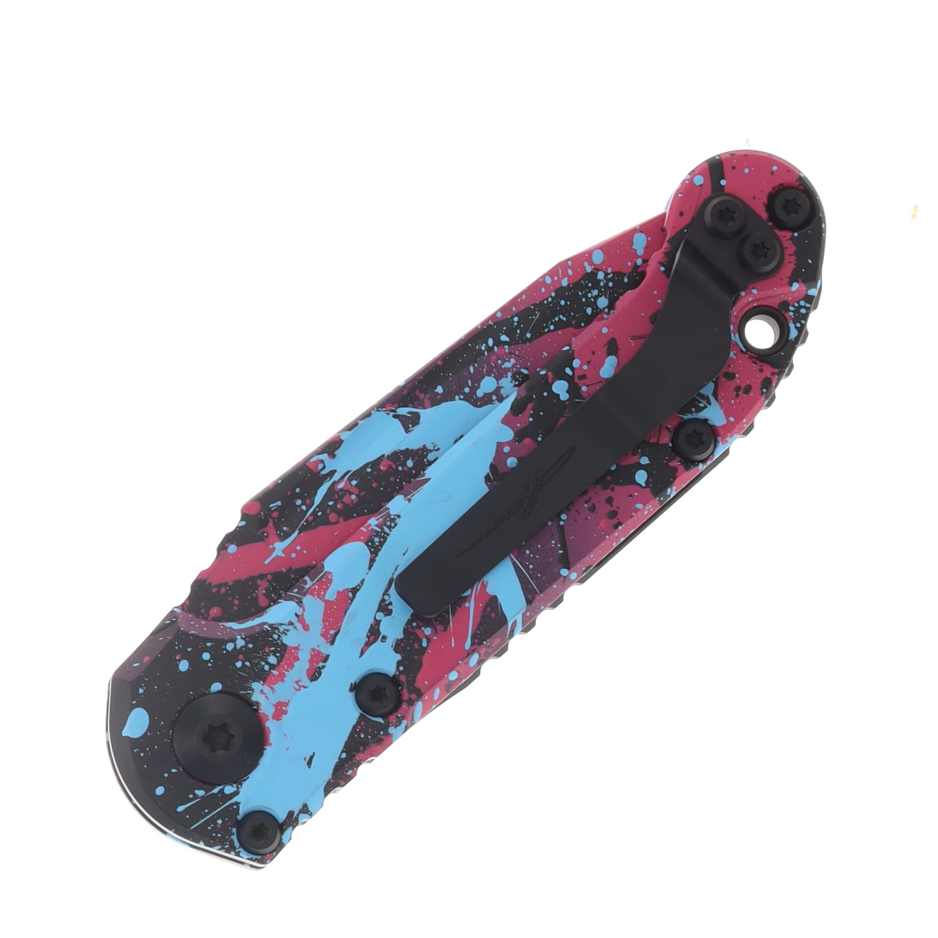 Microtech LUDT Gen III Signature Series Automatic Knife T/E Pink Blue and Black Splatter AUMT1136S1BKPKLBSPLS View 4