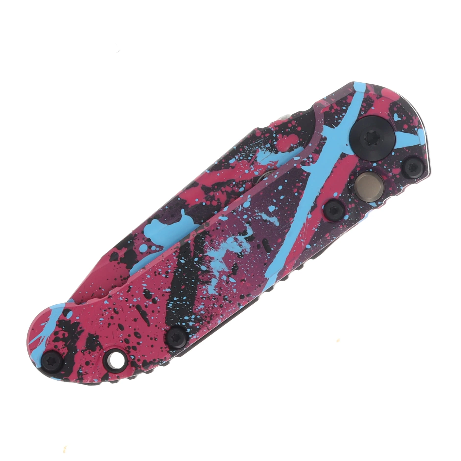 Microtech LUDT Gen III Signature Series Automatic Knife T/E Pink Blue and Black Splatter AUMT1136S1BKPKLBSPLS View 3