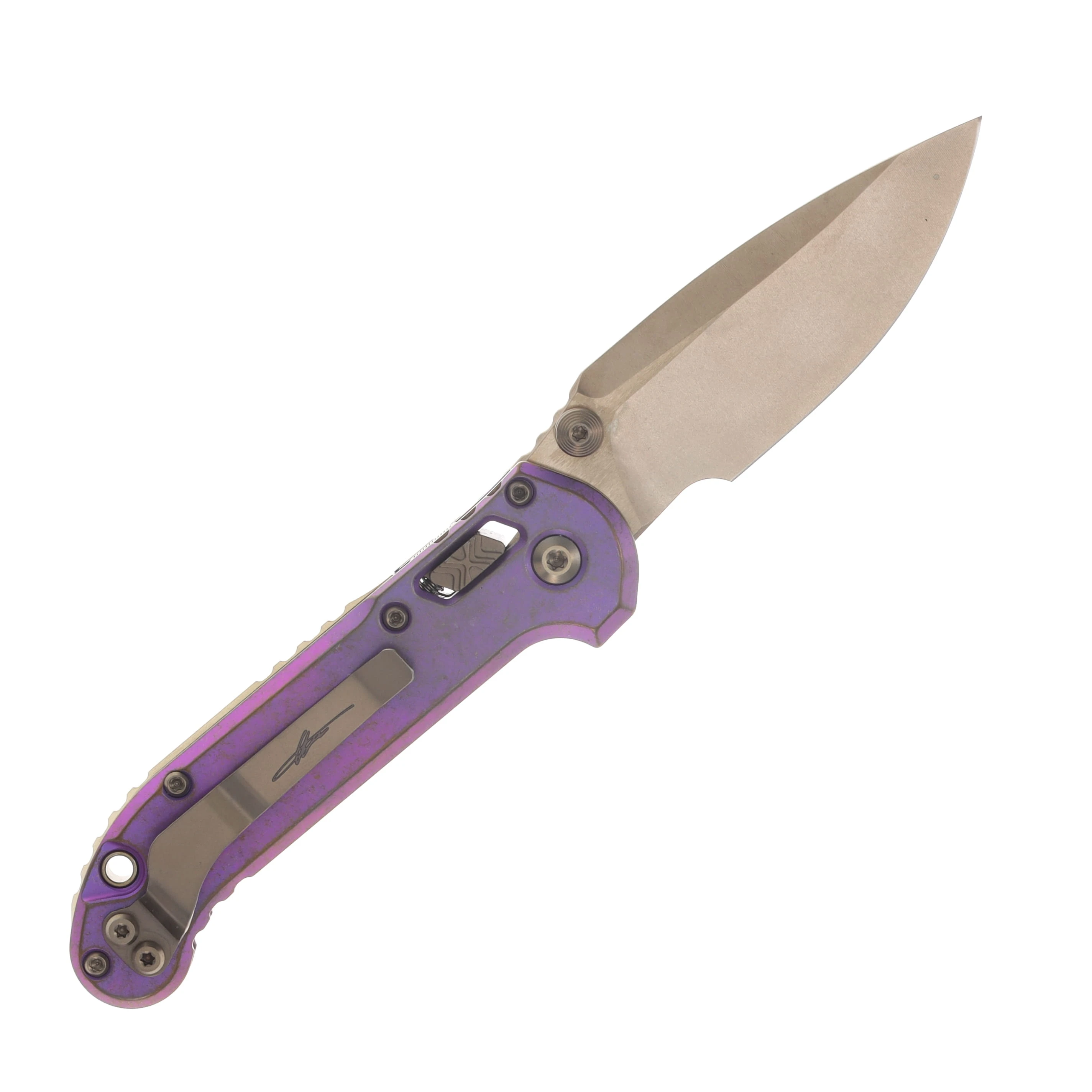 Microtech L.U.D.T. Marfione Select RAM-LOK Clip Point Bronze SW - Royal Purple Slab Side TI W/Bronze TI Accent MT1135RLS13MS3 View 2
