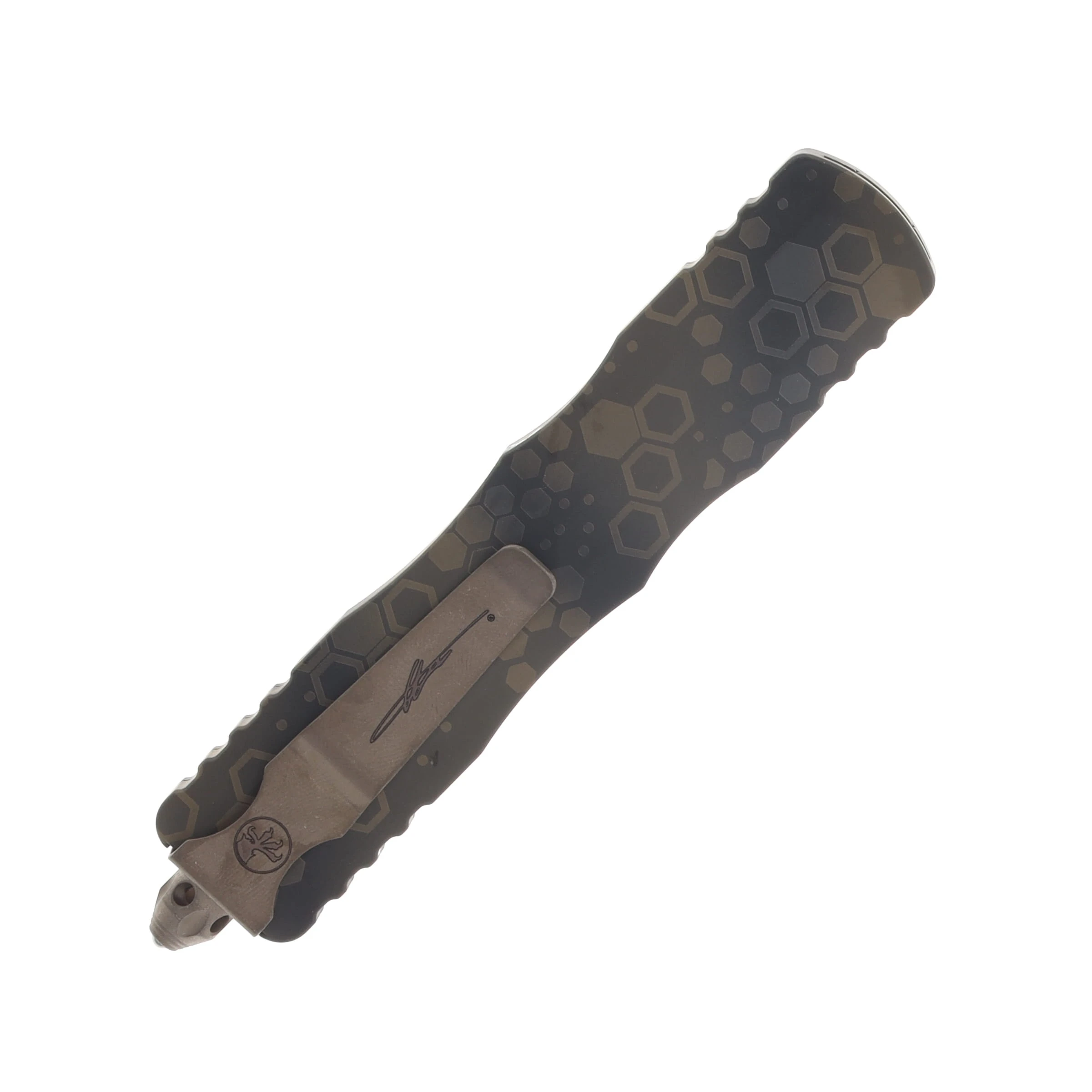 Microtech Dirac Delta OTF Auto Marfione Signature Series Badlands Hex Camo Bronzed Apocalyptic Standard AUMT22713APBNHXCS View 4