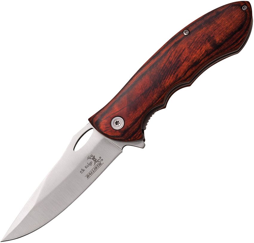 Elk Ridge Spring Assisted Folding Knife Brown Pakkawood 3.5in Satin Drop Point MCERA159SW View 1