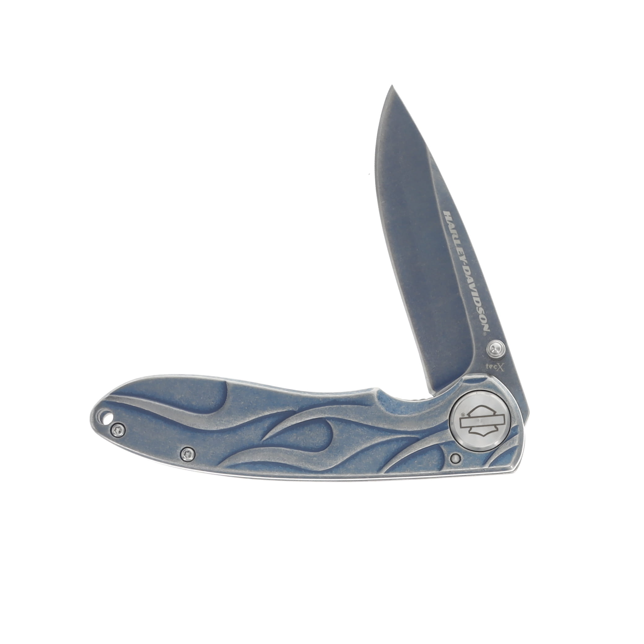 Tec-X Harley Davidson Blue 3.37 Inch Plain Blue Stonewash Drop Point CA52121 View 3