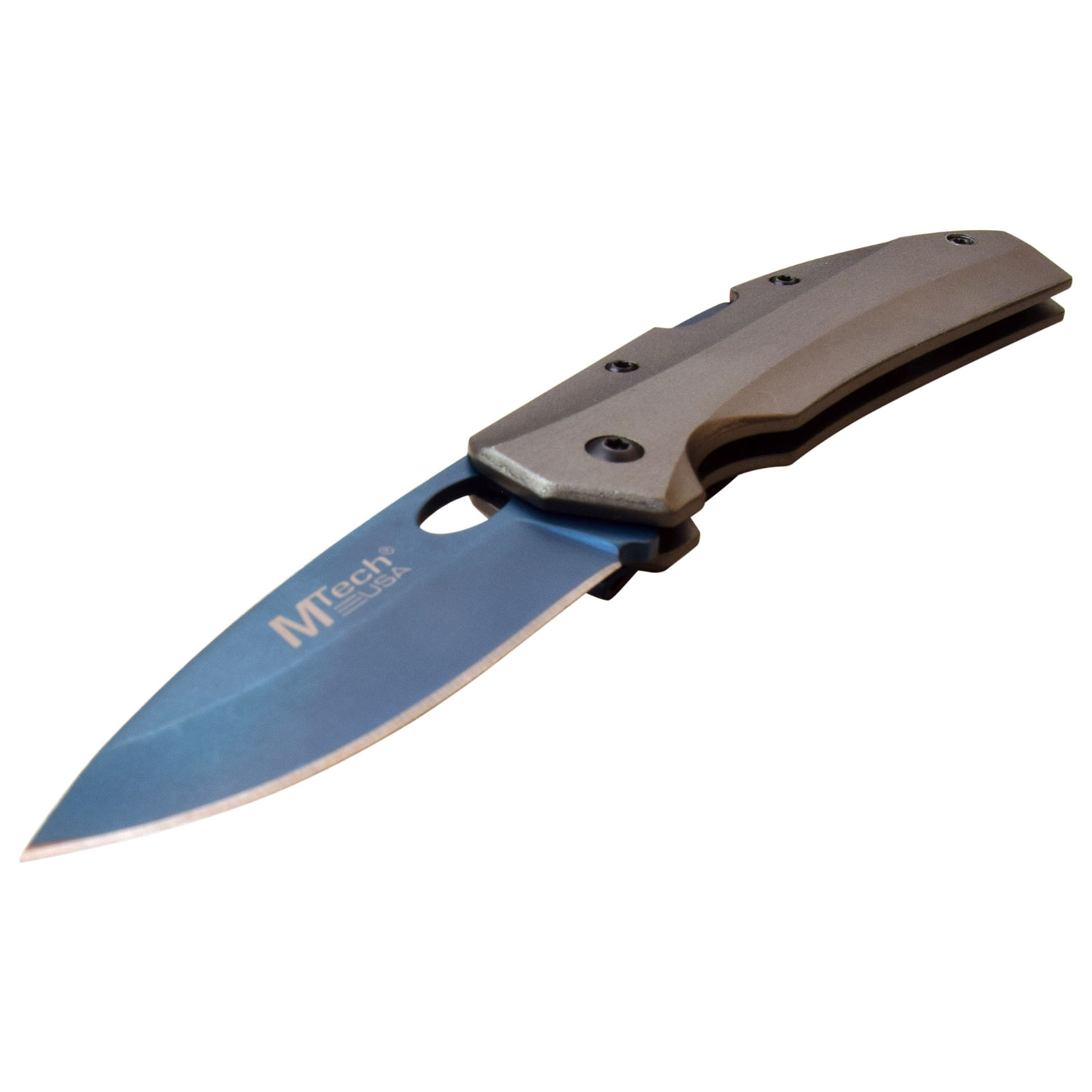 MTech USA Lockback Folding Knife Gray Aluminum 3in Blue Drop Point MCMT1076GY View 2
