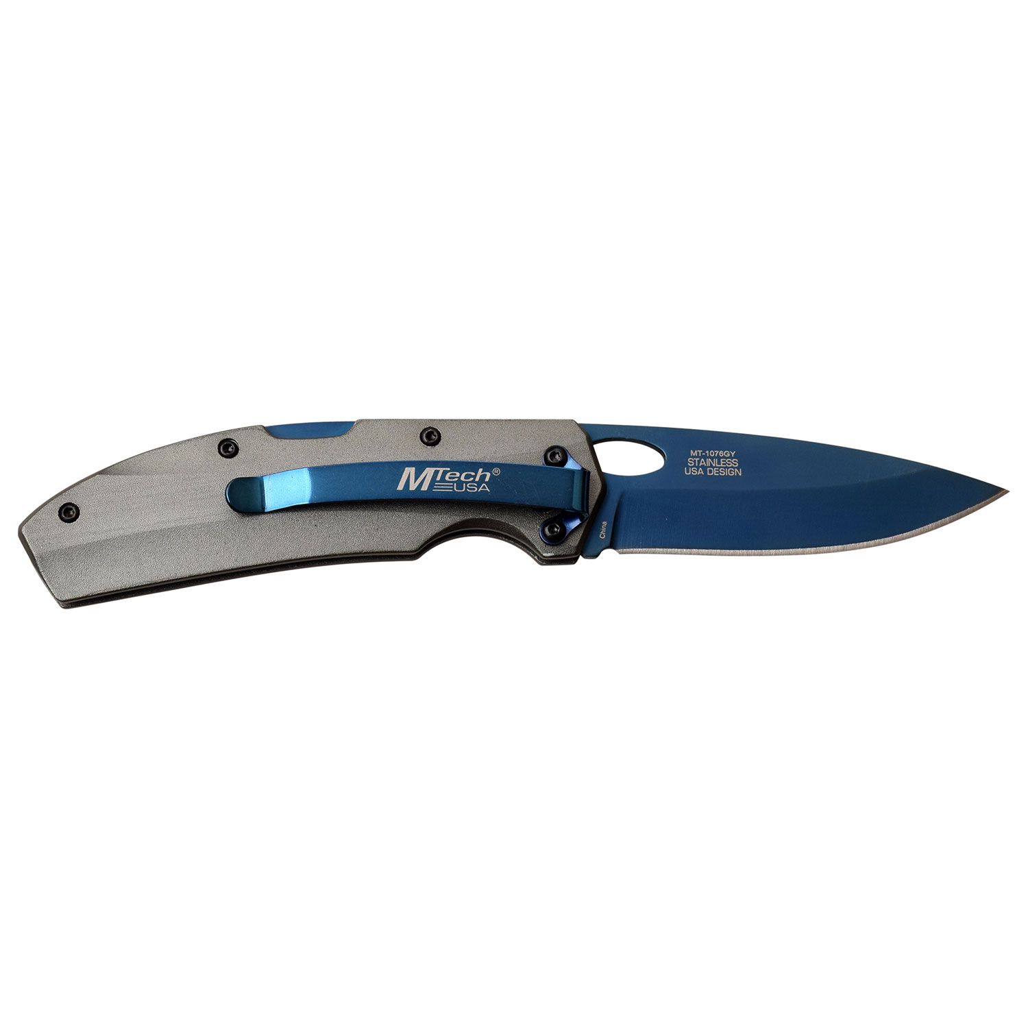 MTech USA Lockback Folding Knife Gray Aluminum 3in Blue Drop Point MCMT1076GY View 3
