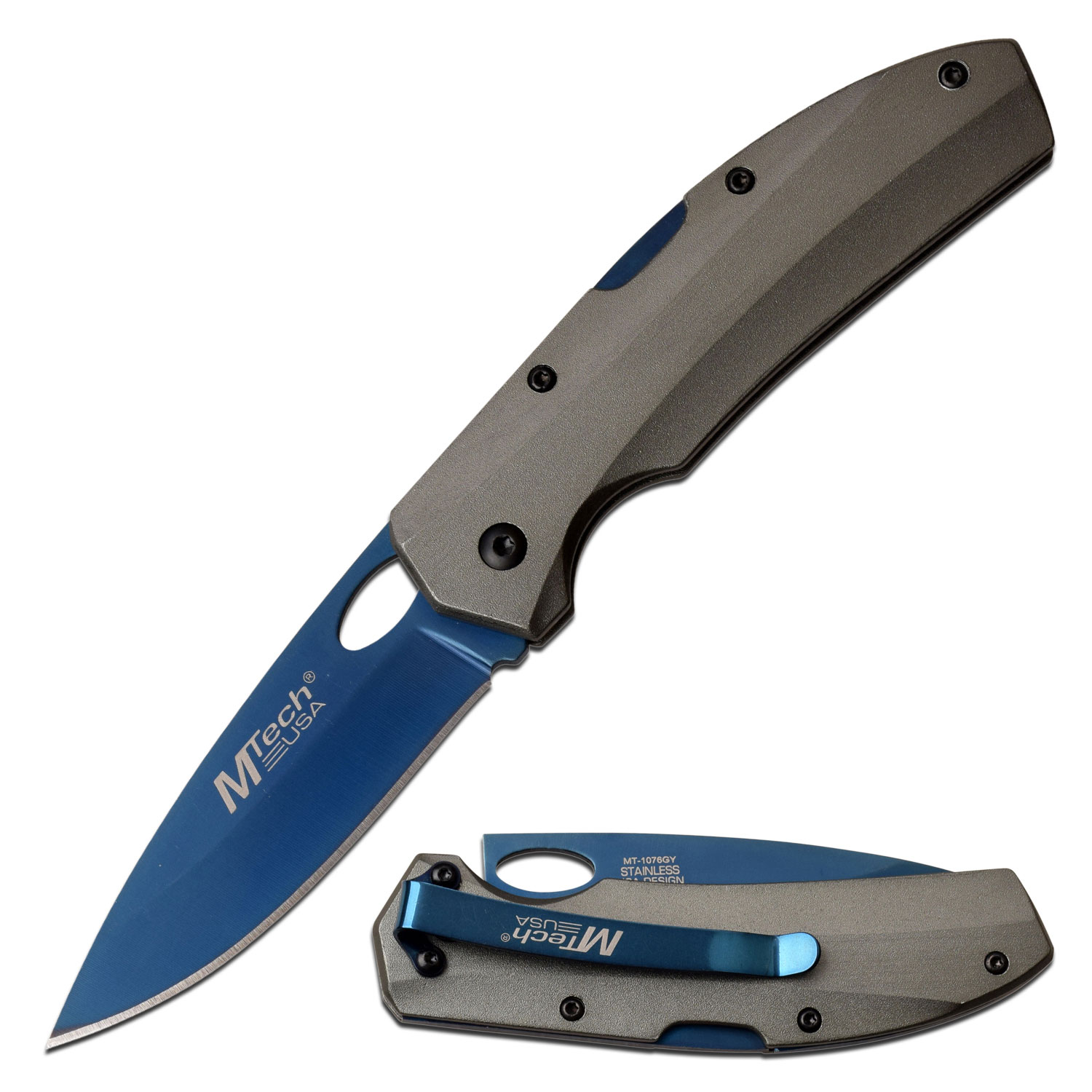 MTech USA Lockback Folding Knife Gray Aluminum 3in Blue Drop Point MCMT1076GY View 1