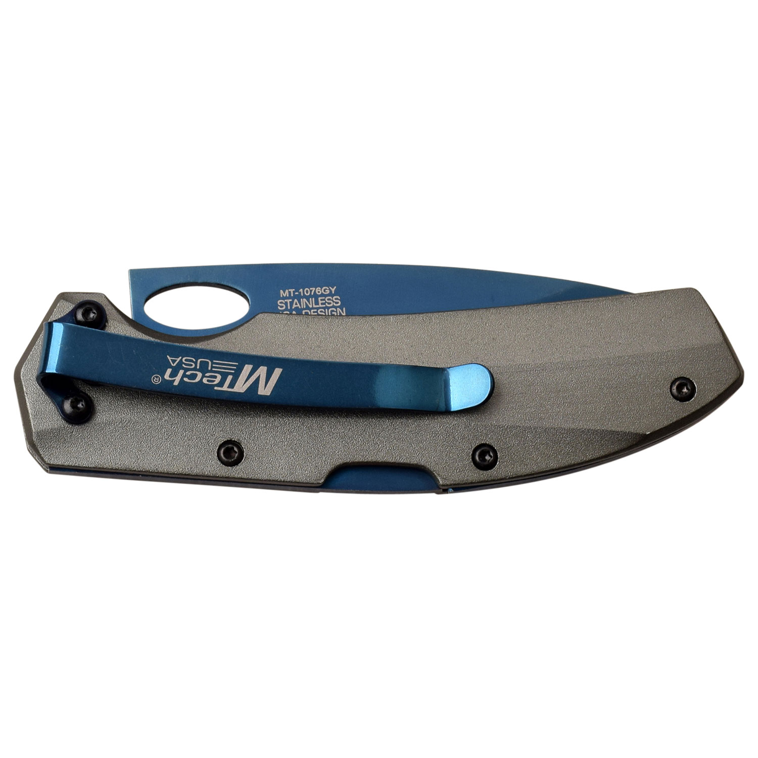 MTech USA Lockback Folding Knife Gray Aluminum 3in Blue Drop Point MCMT1076GY View 4