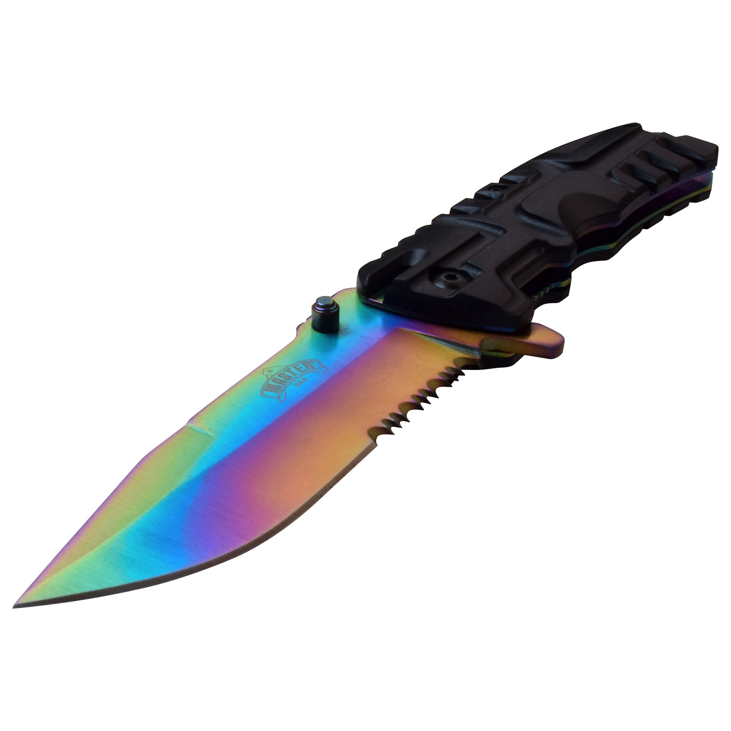 Master USA Spring-Assisted Knife Black ABS 3.75in PS Rainbow Drop Point MCMUA097RB View 3