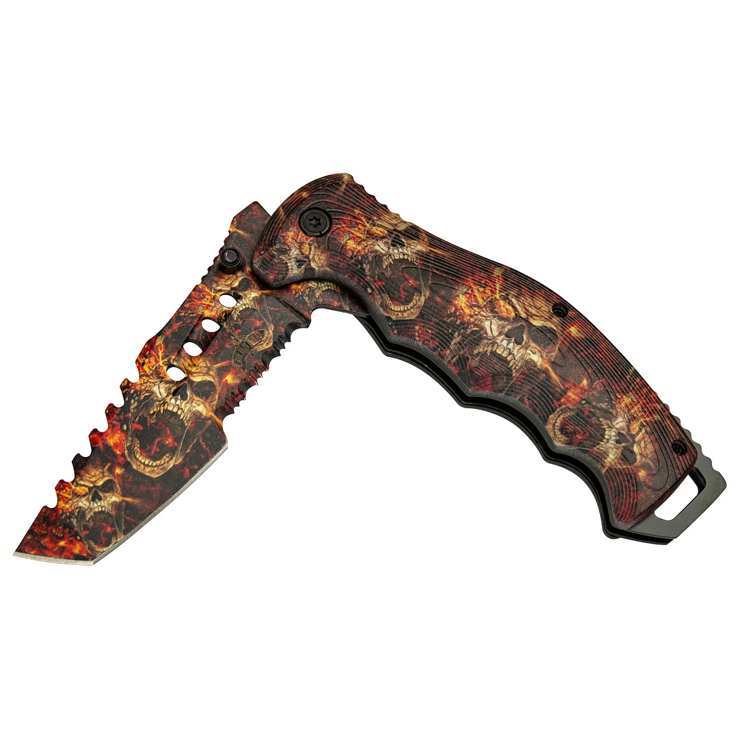 Master Cutlery Spring-Assisted Knife Flaming Skull 3.75in PS Tanto MCMUA102F View 2