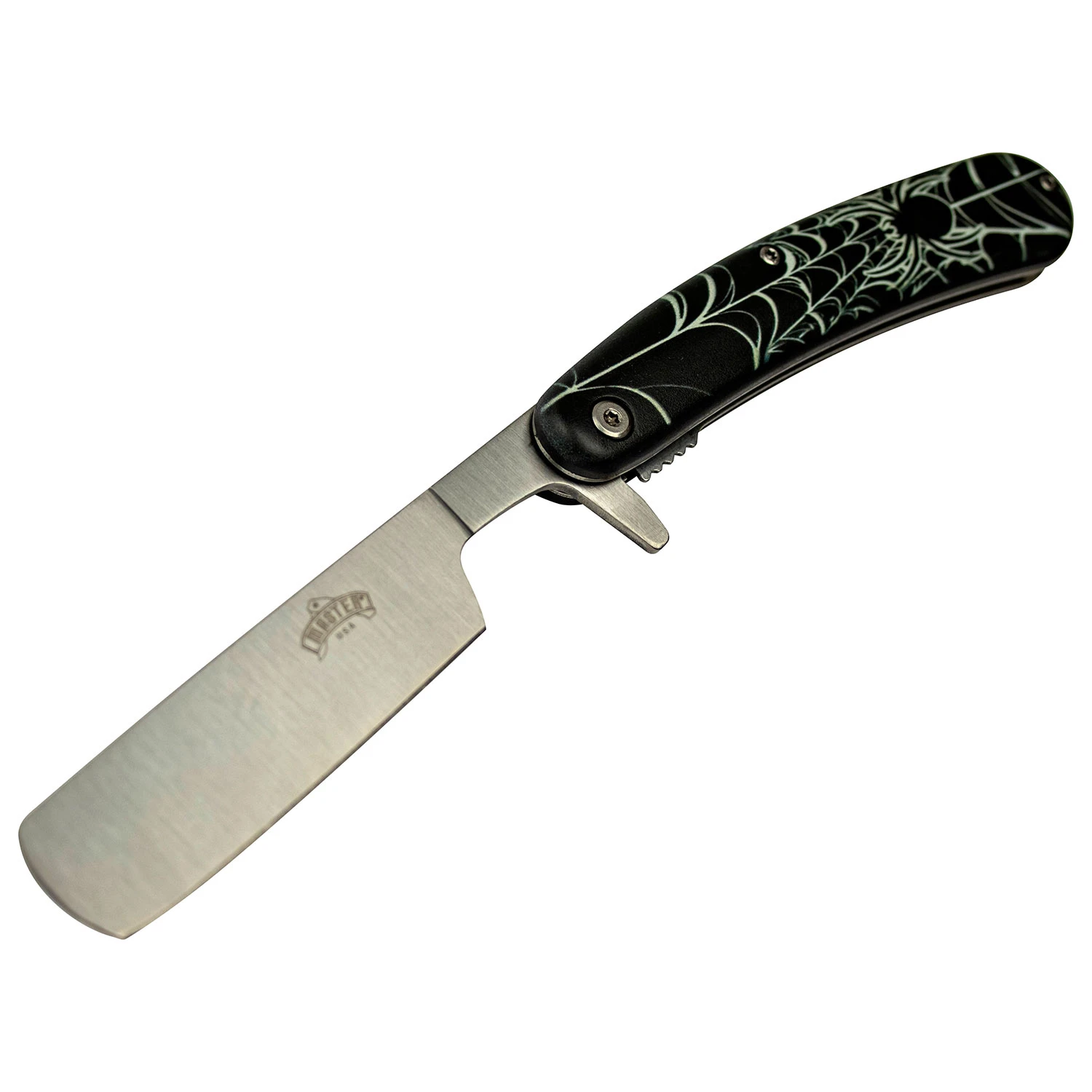 Master USA Spring Assisted Knife Black Spider Web 3.75in Satin Razor MCMUA122B View 3