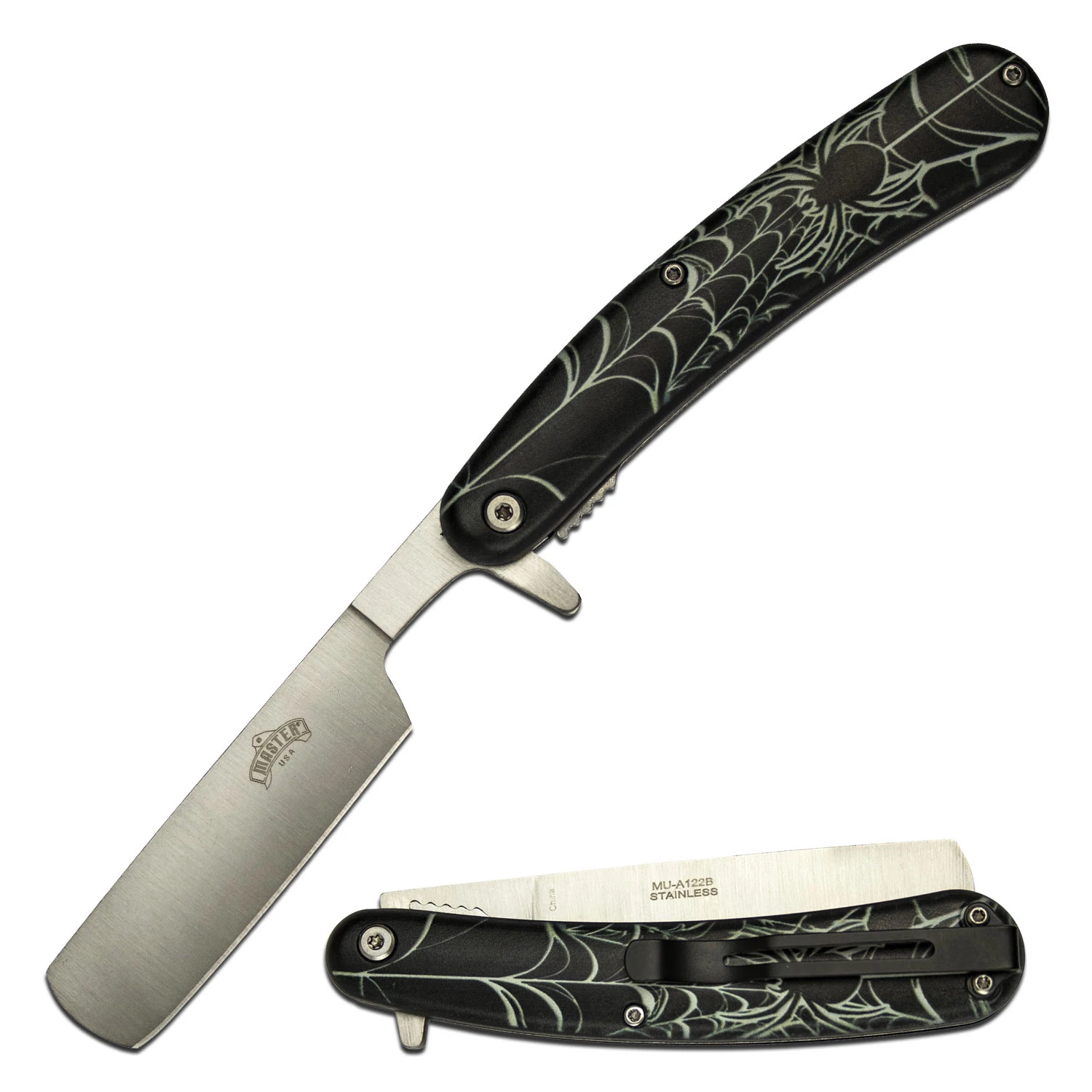 Master USA Spring Assisted Knife Black Spider Web 3.75in Satin Razor MCMUA122B View 1