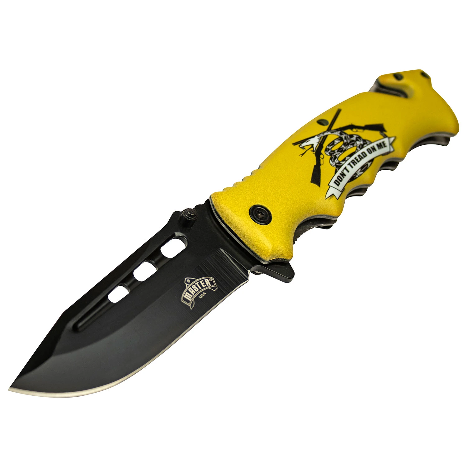 Master USA Spring-Assisted Knife Yellow Don't Tread On Me 3.75in Clip Point MCMUA125D View 3