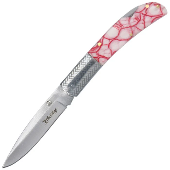 Elk Ridge Lockback Folding Knife Satin/Red Acrylic MCER2006RD View 1
