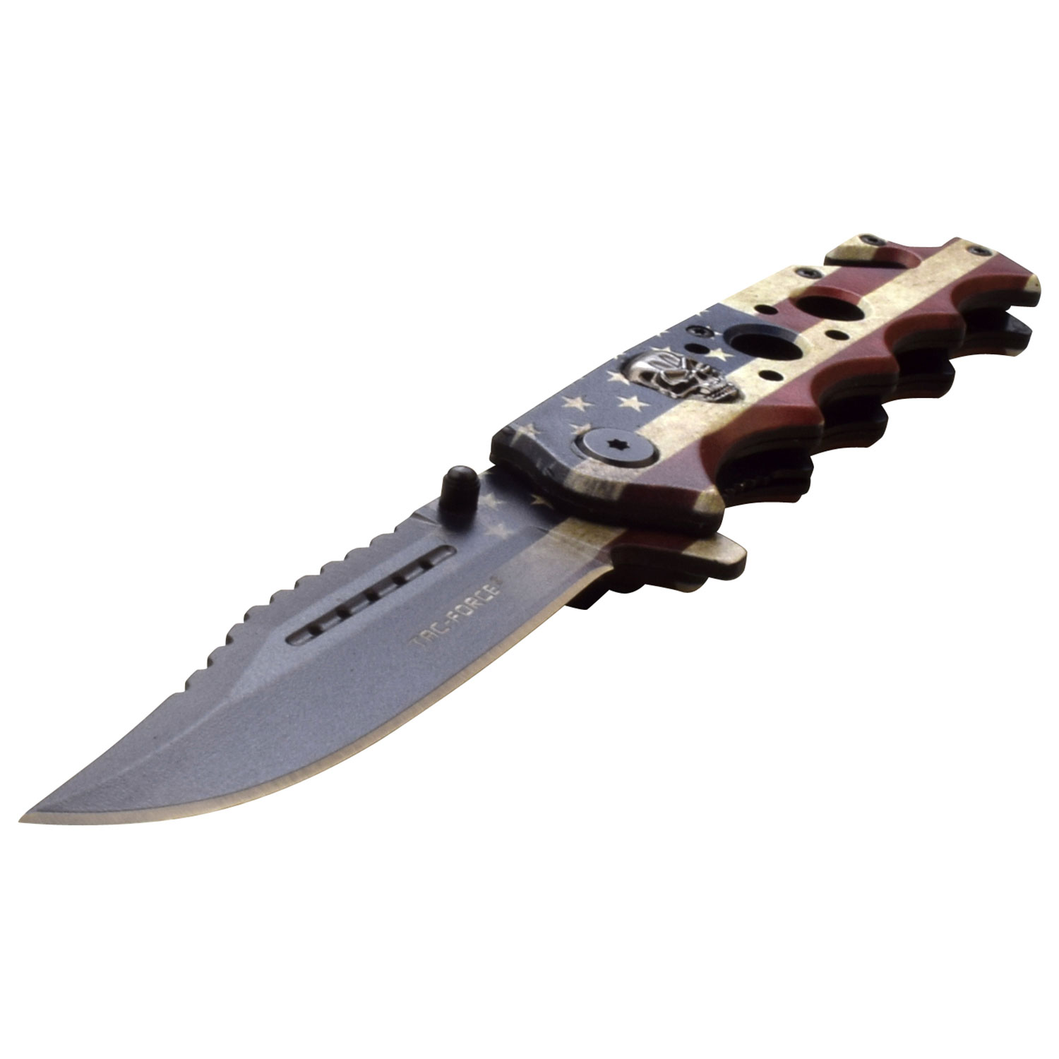 Tac-Force Assisted Knife American Flag Worn Camo Sawback Clip Point MCTF809F View 2
