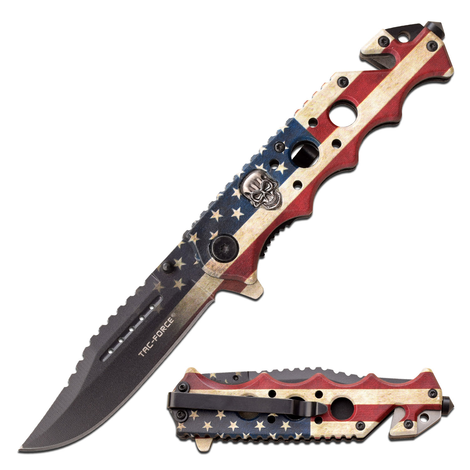 Tac-Force Assisted Knife American Flag Worn Camo Sawback Clip Point MCTF809F View 1