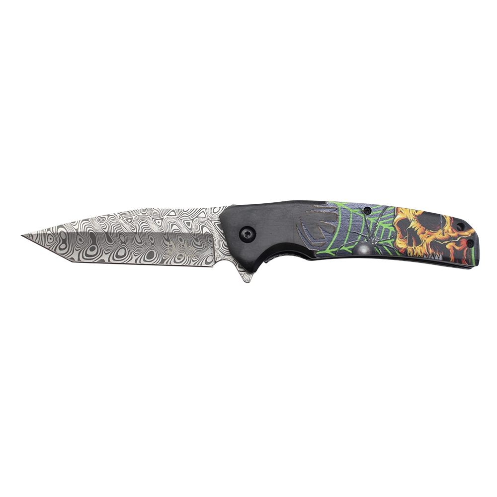 Dark Side Blades Assisted Knife Skull Web Wood 3.7in Etched Tanto DS-2013BK View 4